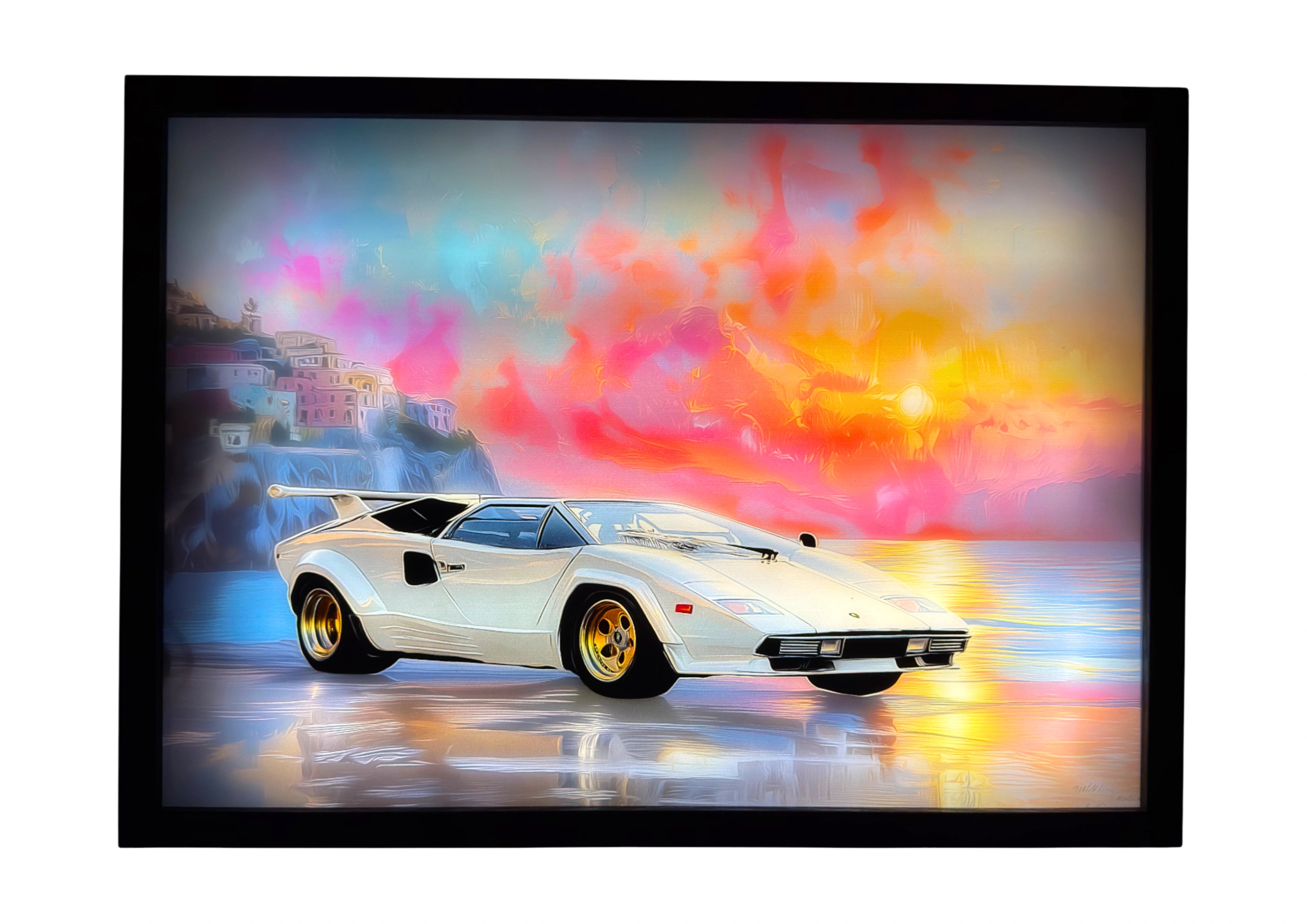 1986 Lamborghini Countach 5000 QV LED light up wall art glowing over an Italian sunset with coral skies and violet reflections.