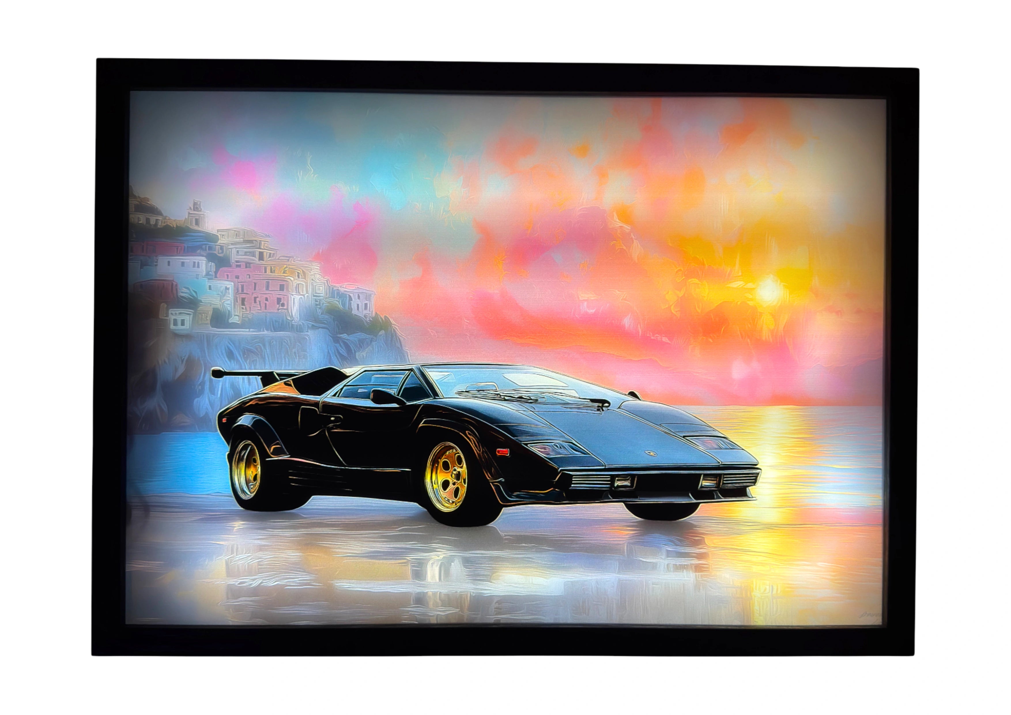1986 Lamborghini Countach LED light up wall art glowing under coral Italian skies, gold rims catching the sunset along the Amalfi coast.