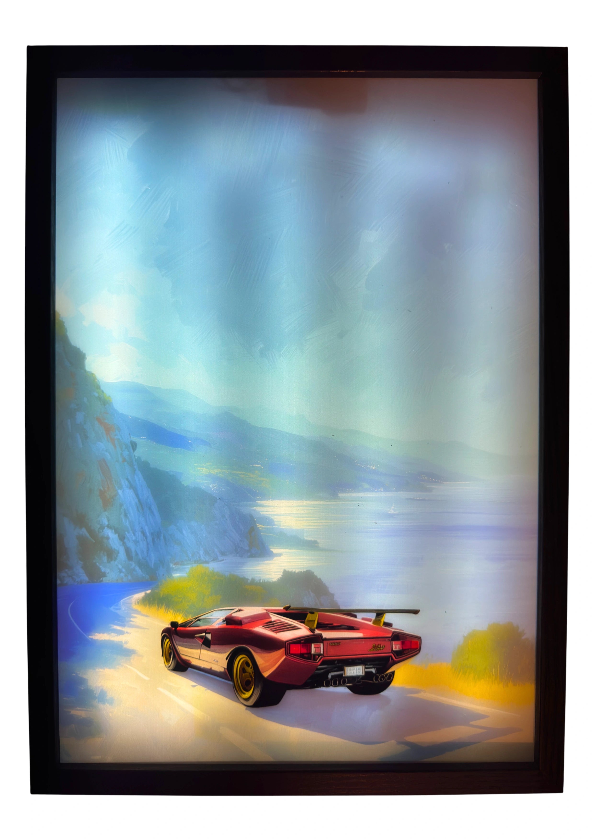 1966 Lamborghini Countach LED light up wall art glowing in electric red against cobalt Italian coasts, gold accents gleaming in motion.