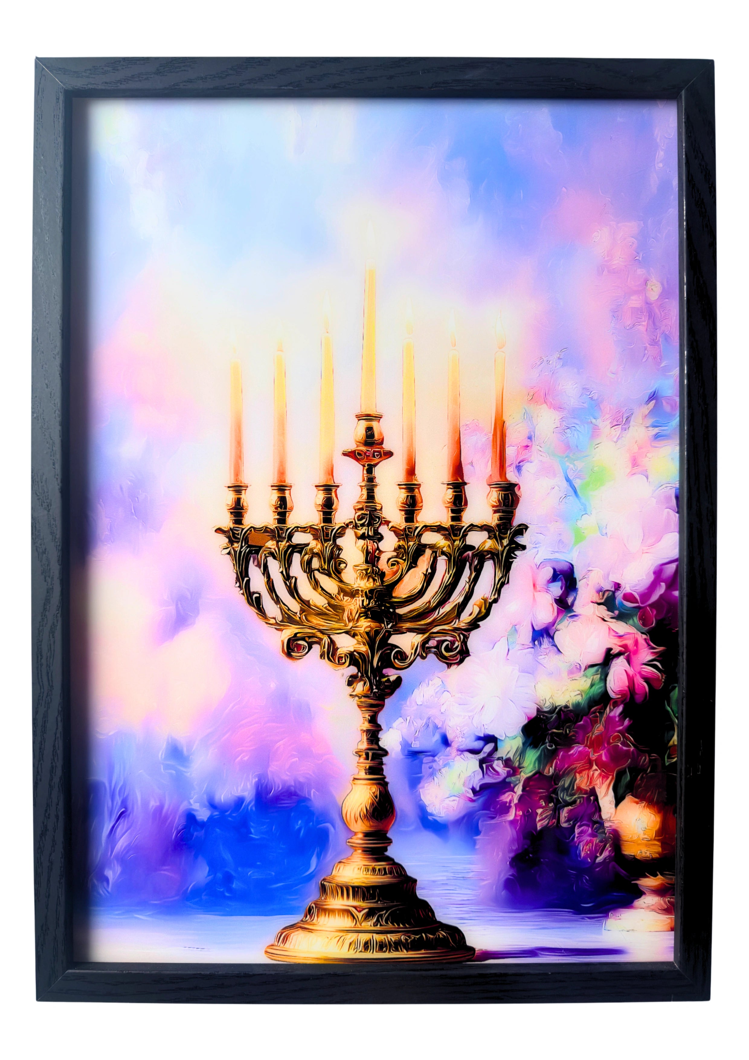 Menorah wall art in silver with subtle violet tone. A framed symbol of sacred beauty and devotion.