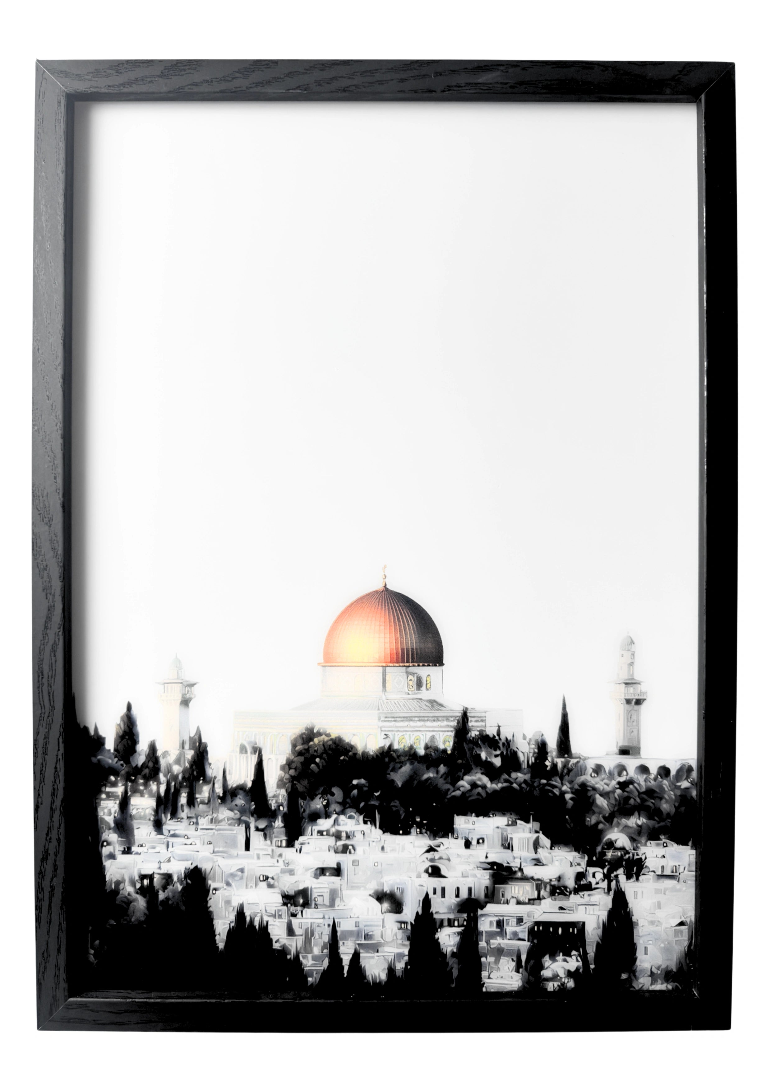 Dome of the Rock wall art in golden tones with Jerusalem skyline. A framed symbol of sacred morning calm.