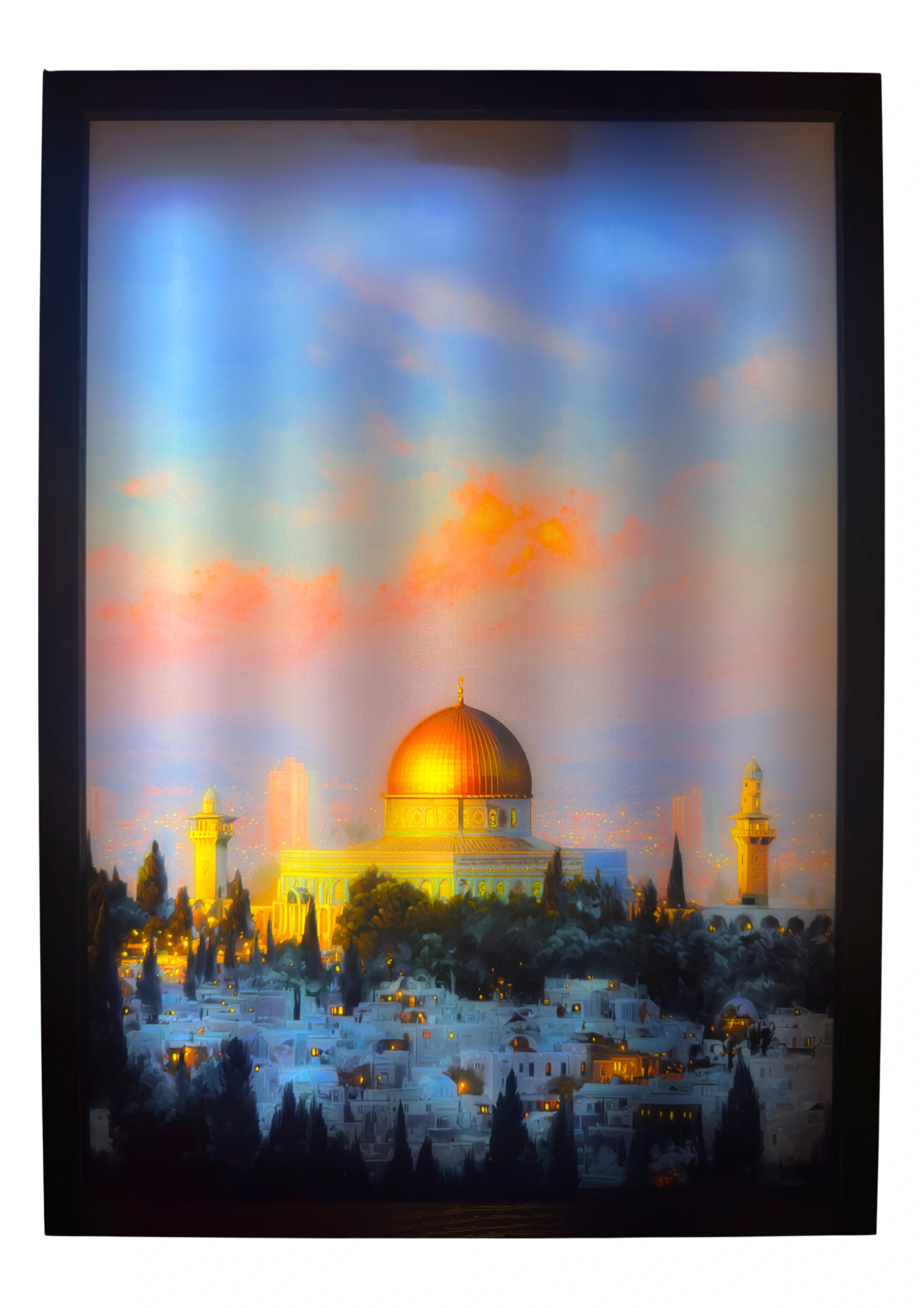 Dome of the Rock LED light up wall art glowing in sunrise gold over Jerusalem. A radiant tribute to sacred light and peace.