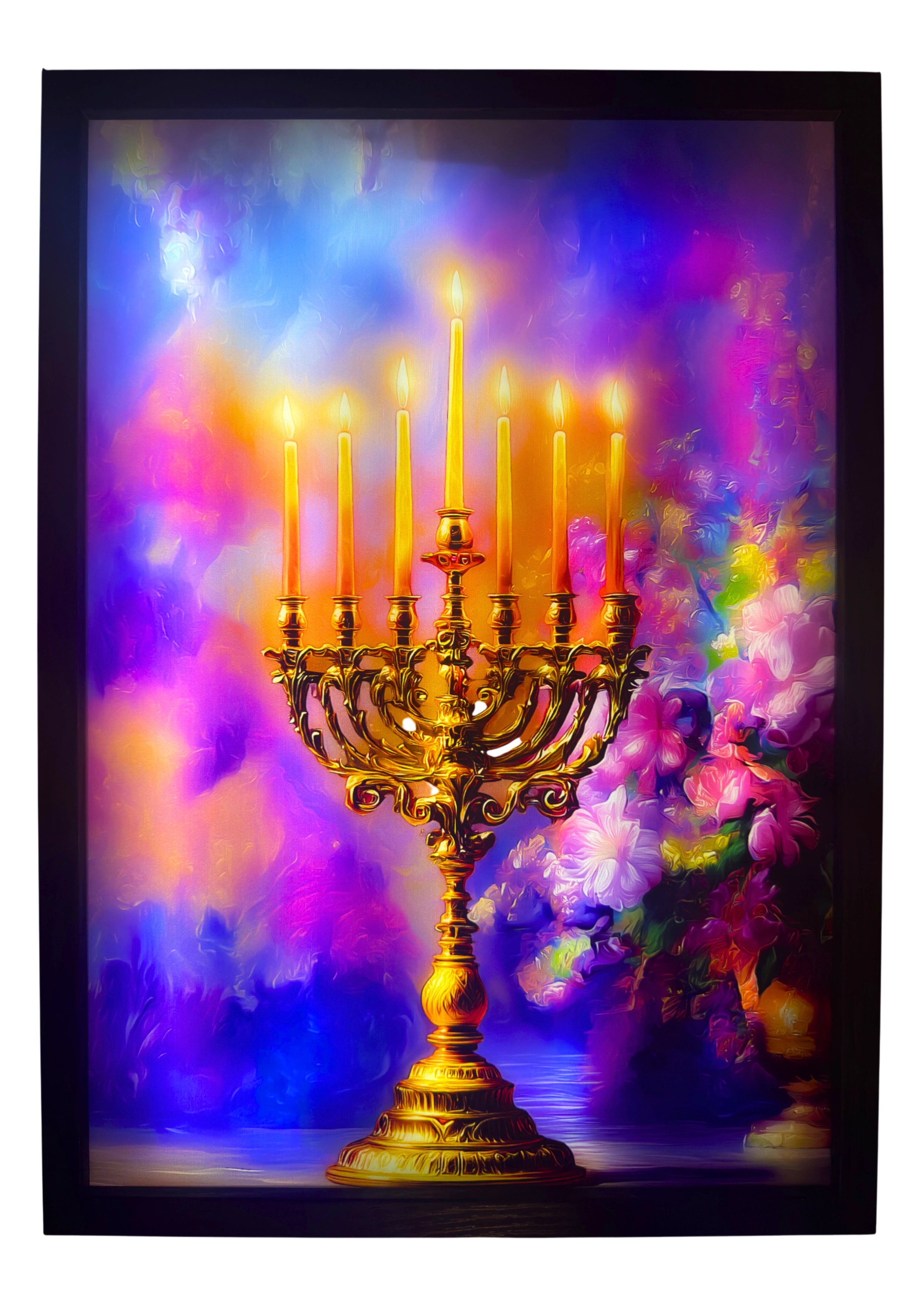 Menorah LED light up wall art glowing in violet and amethyst hues. A radiant tribute to faith, wisdom, and divine light.