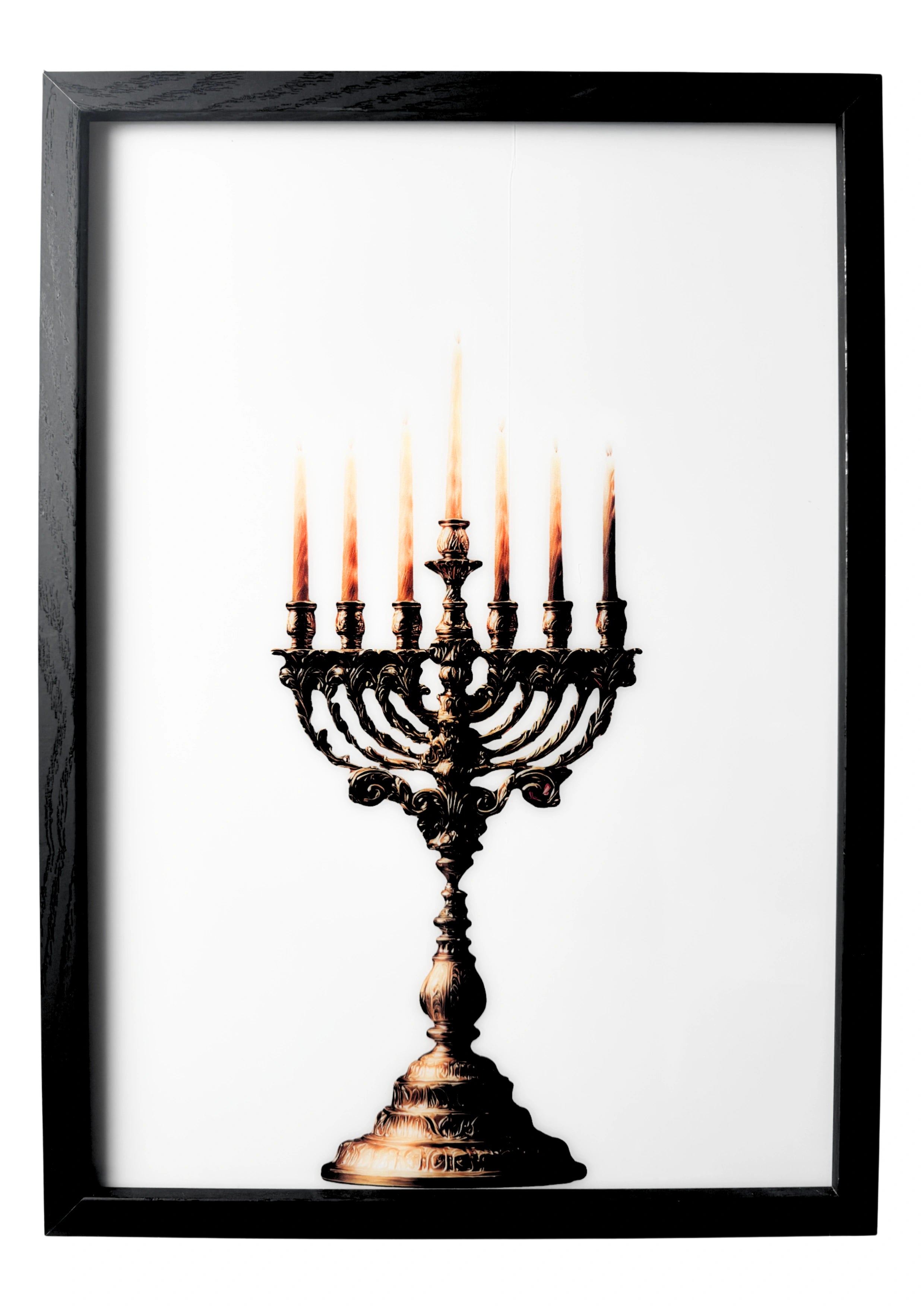 Menorah wall art in bronze and gold tones. A framed symbol of Jewish faith and sacred light.