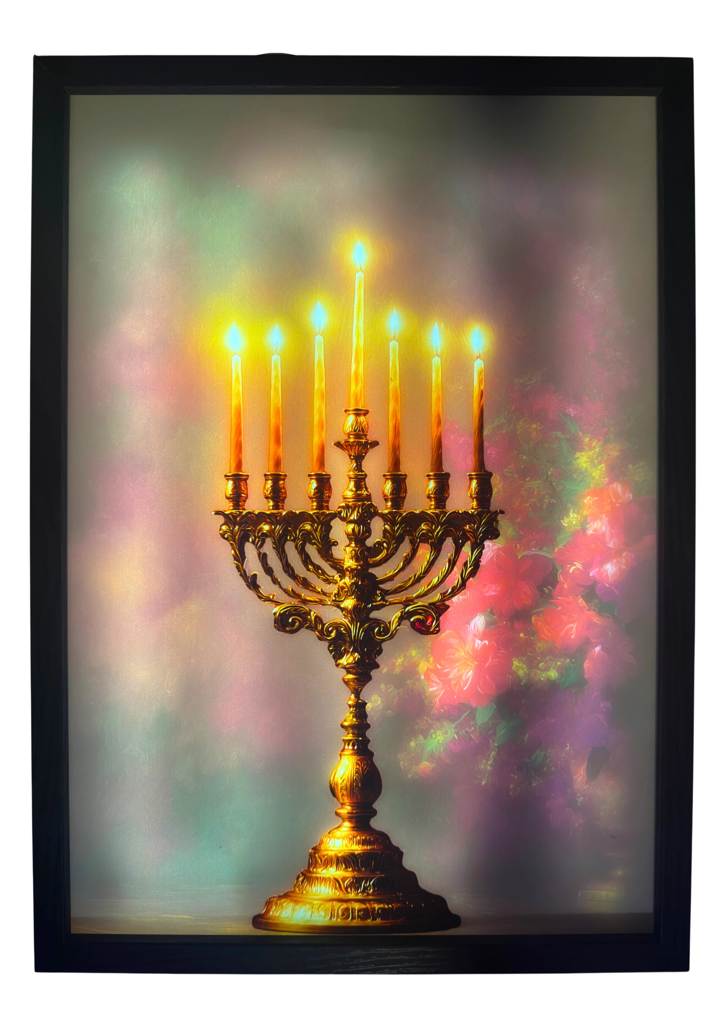 Menorah LED light up wall art glowing in golden amber tones. A radiant emblem of devotion, heritage, and divine illumination.