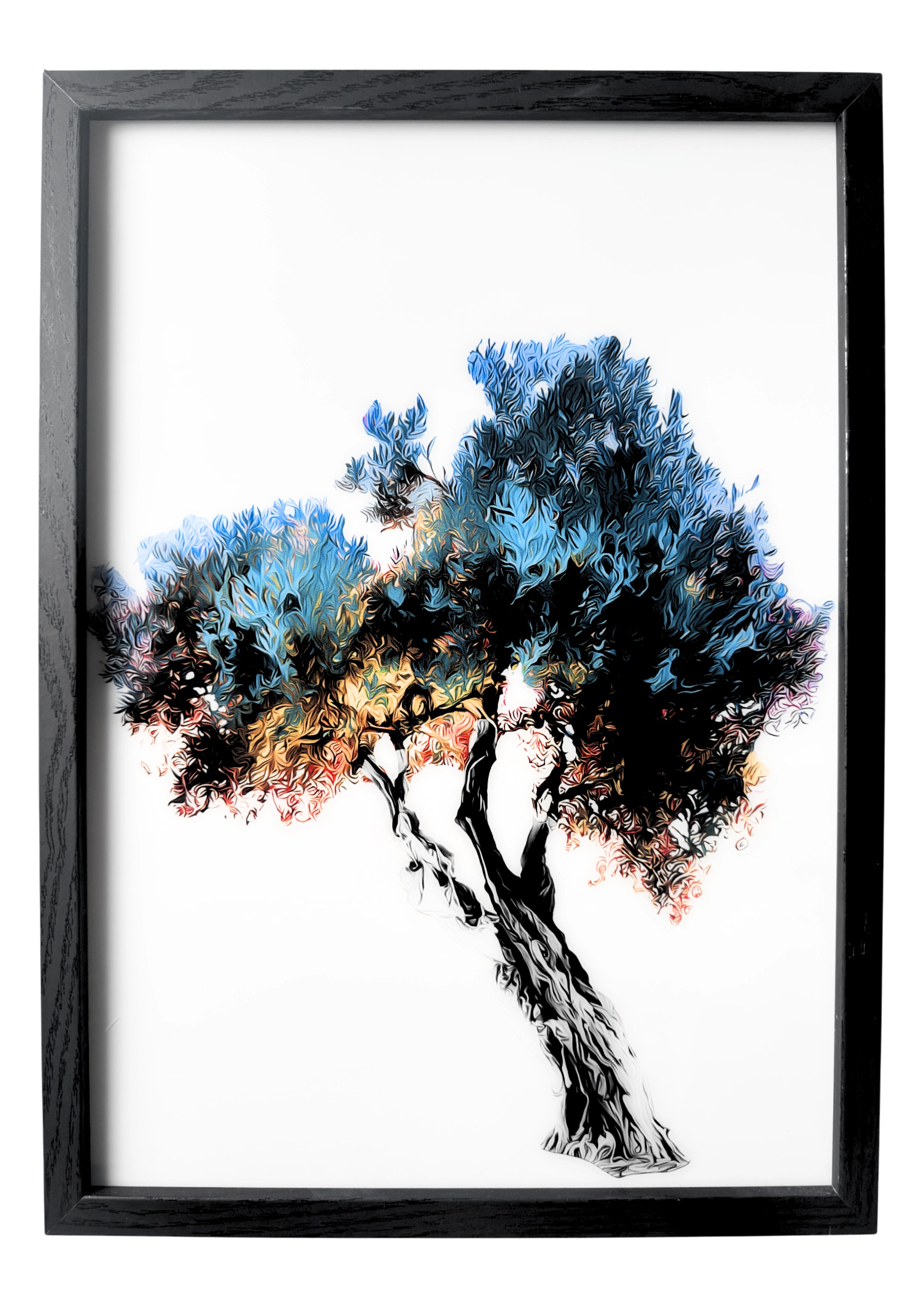 Olive tree wall art in silver-blue tones with detailed trunk. A framed symbol of sacred endurance.