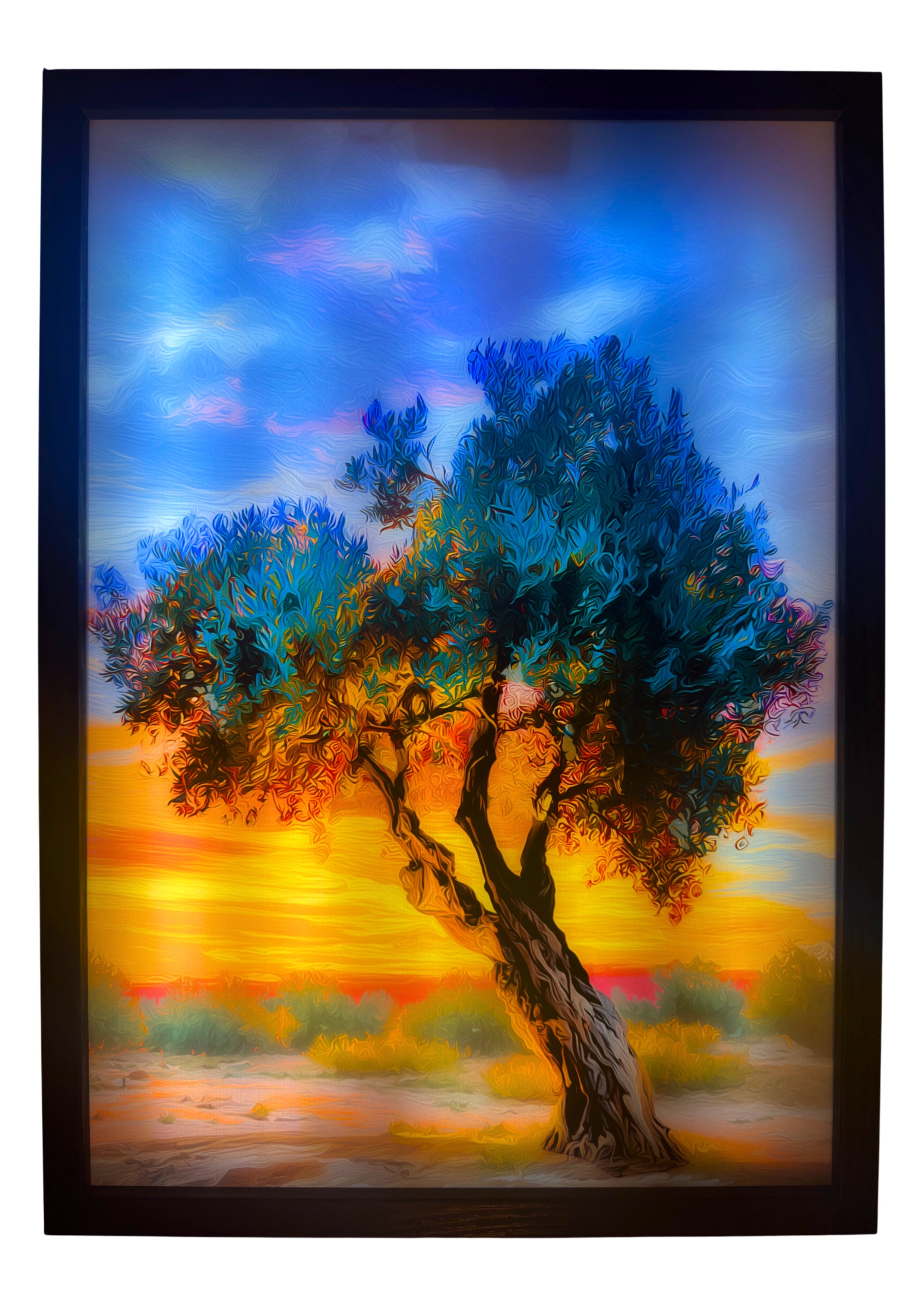 Olive tree LED light up wall art glowing beneath blue and gold skies. A luminous emblem of faith and eternal calm.