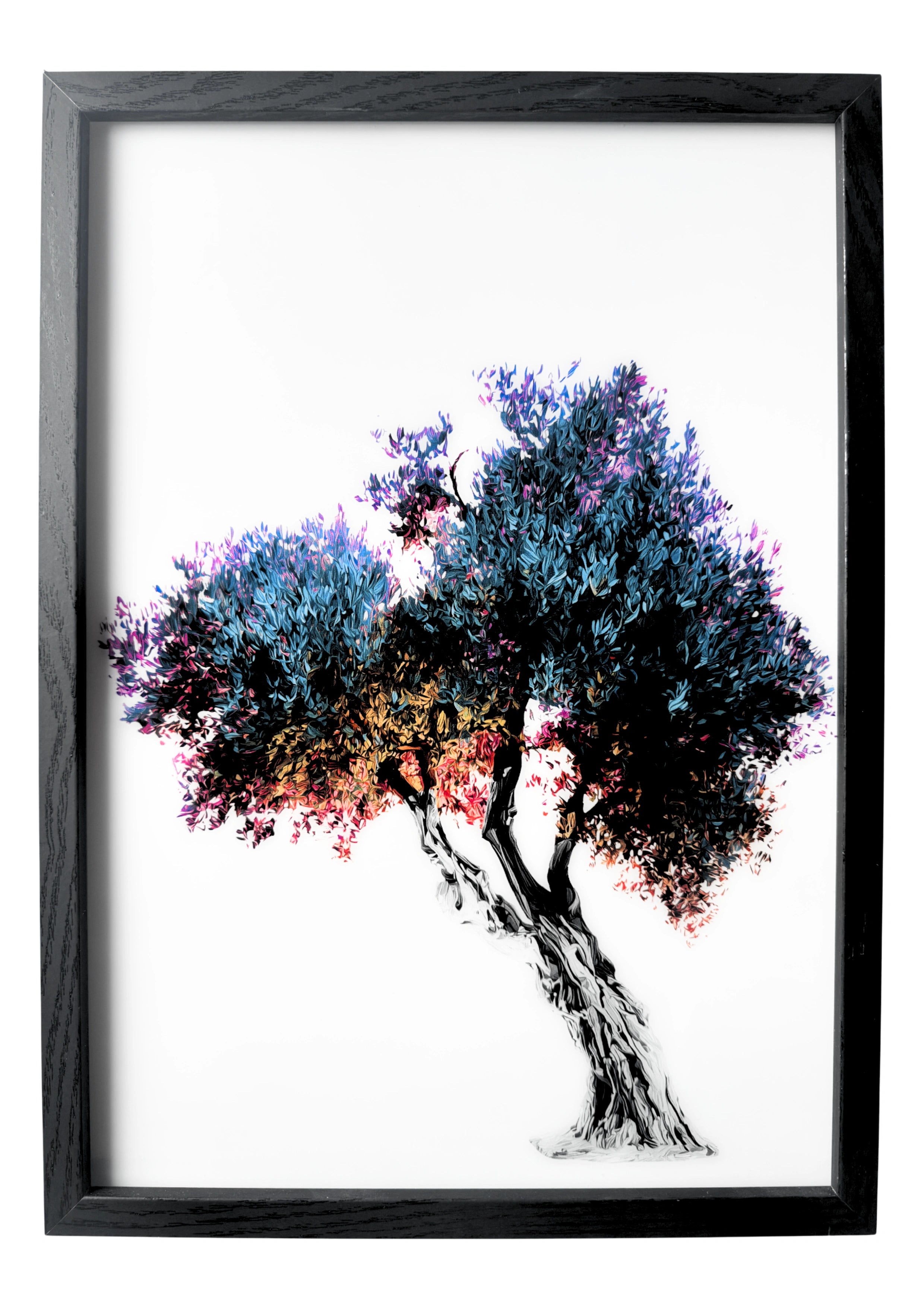 Olive tree wall art with textured trunk and soft pink hue. A framed symbol of peace and endurance.
