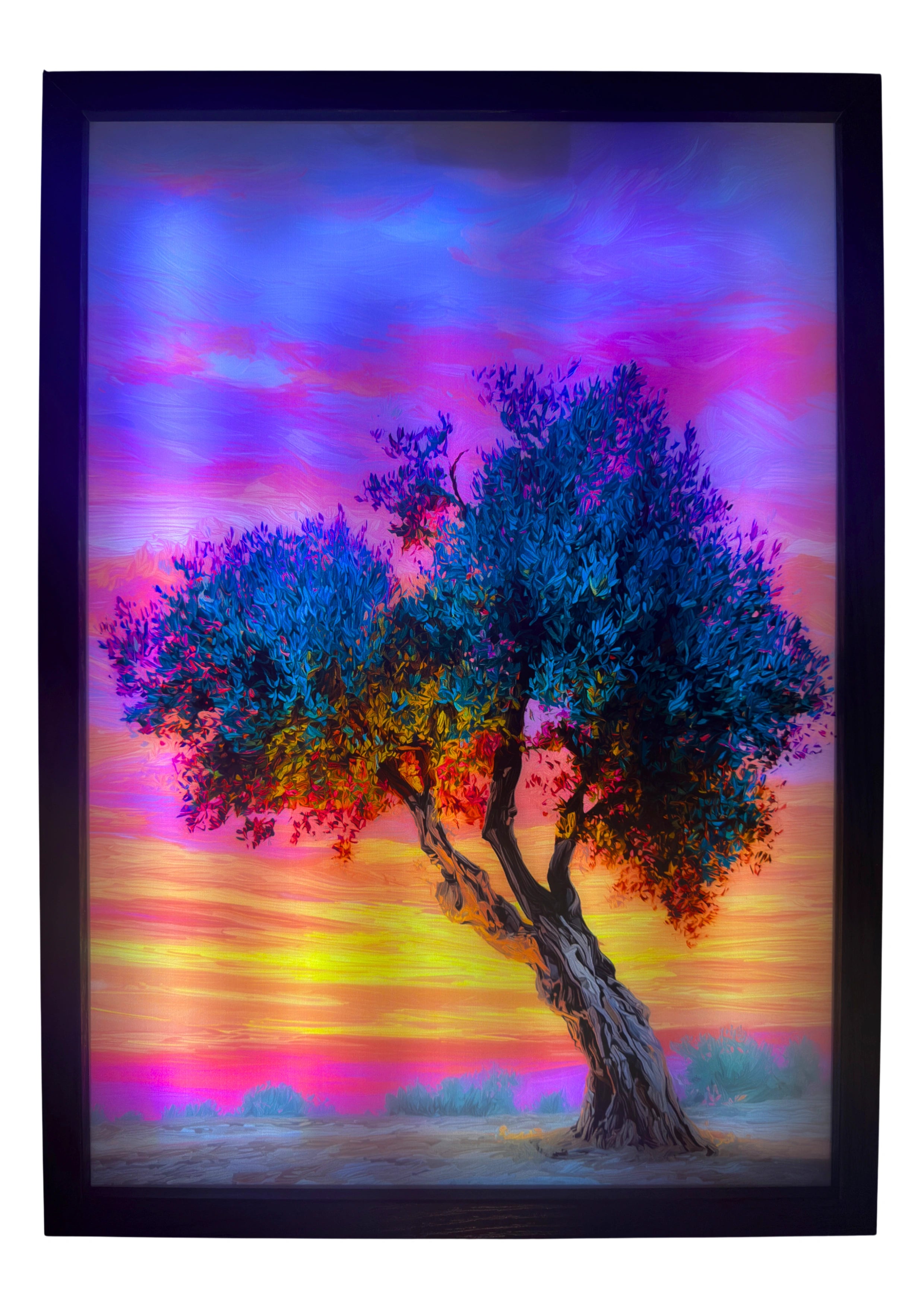 Olive tree LED light up wall art glowing beneath pink and amber skies. A radiant tribute to divine light and sacred renewal.
