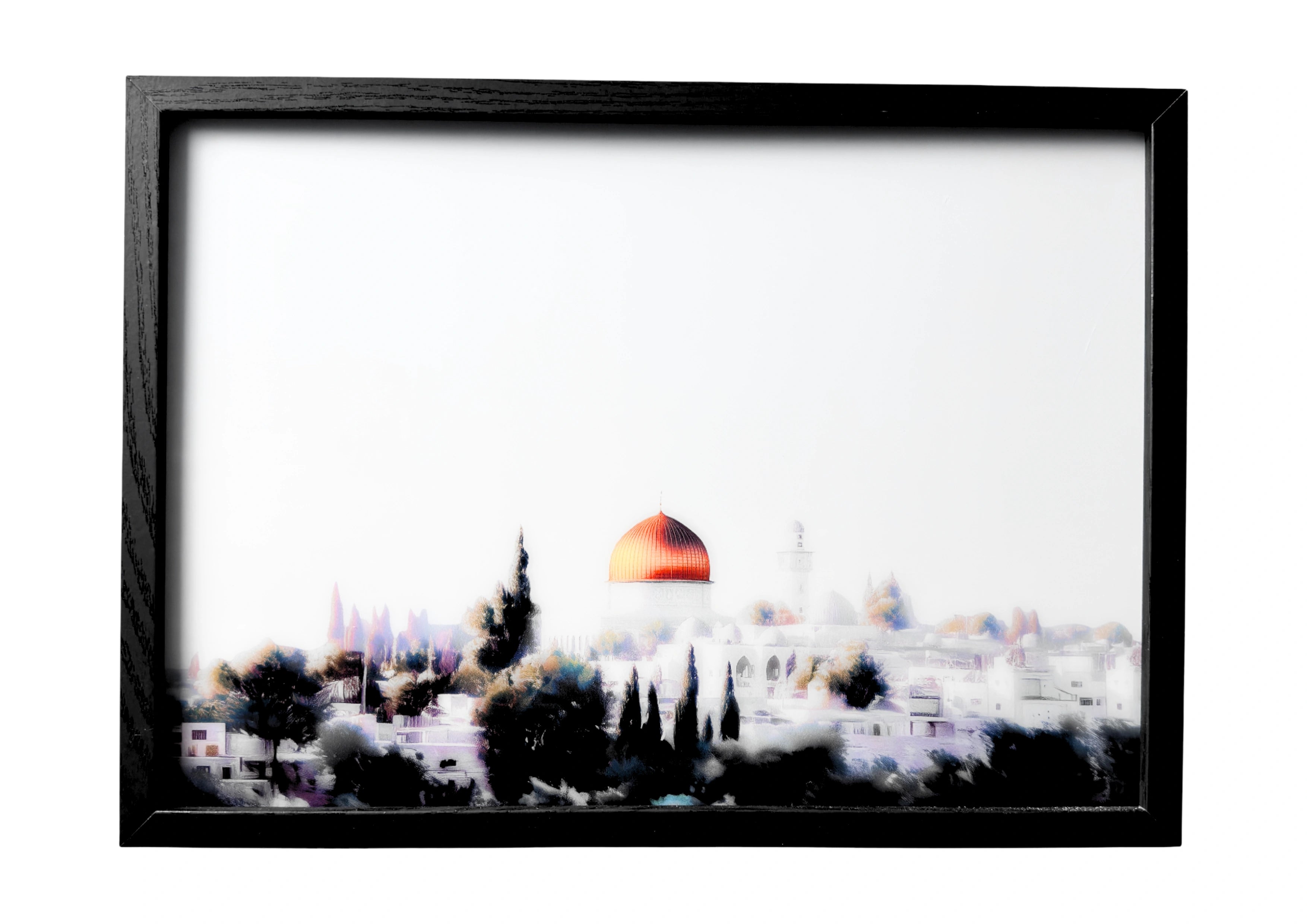 Dome of the Rock wall art with gold dome over Jerusalem rooftops. A framed tribute to sacred morning calm.