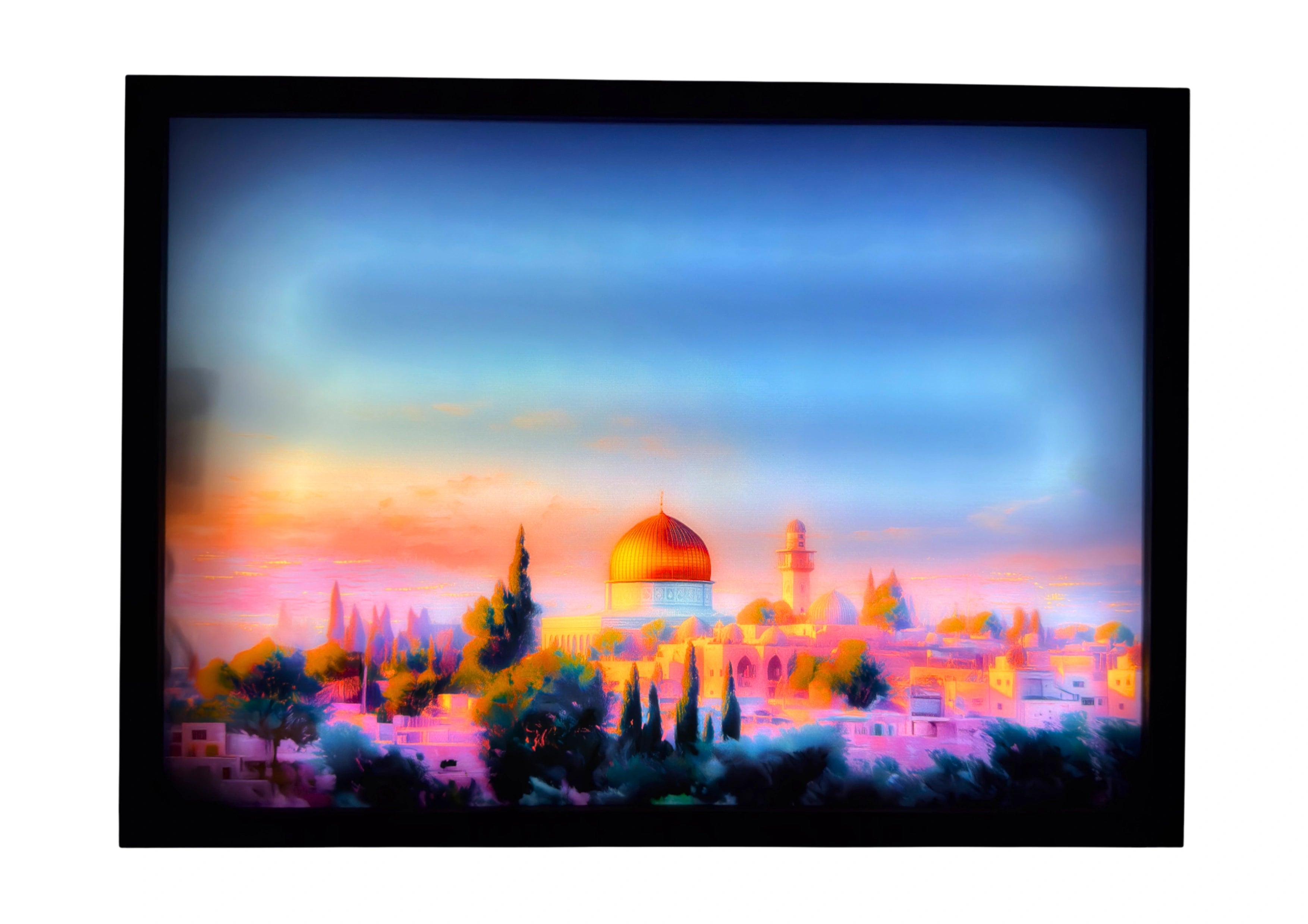 Dome of the Rock LED light up wall art glowing in sunrise amber and blue over Jerusalem. A radiant symbol of peace and devotion.
