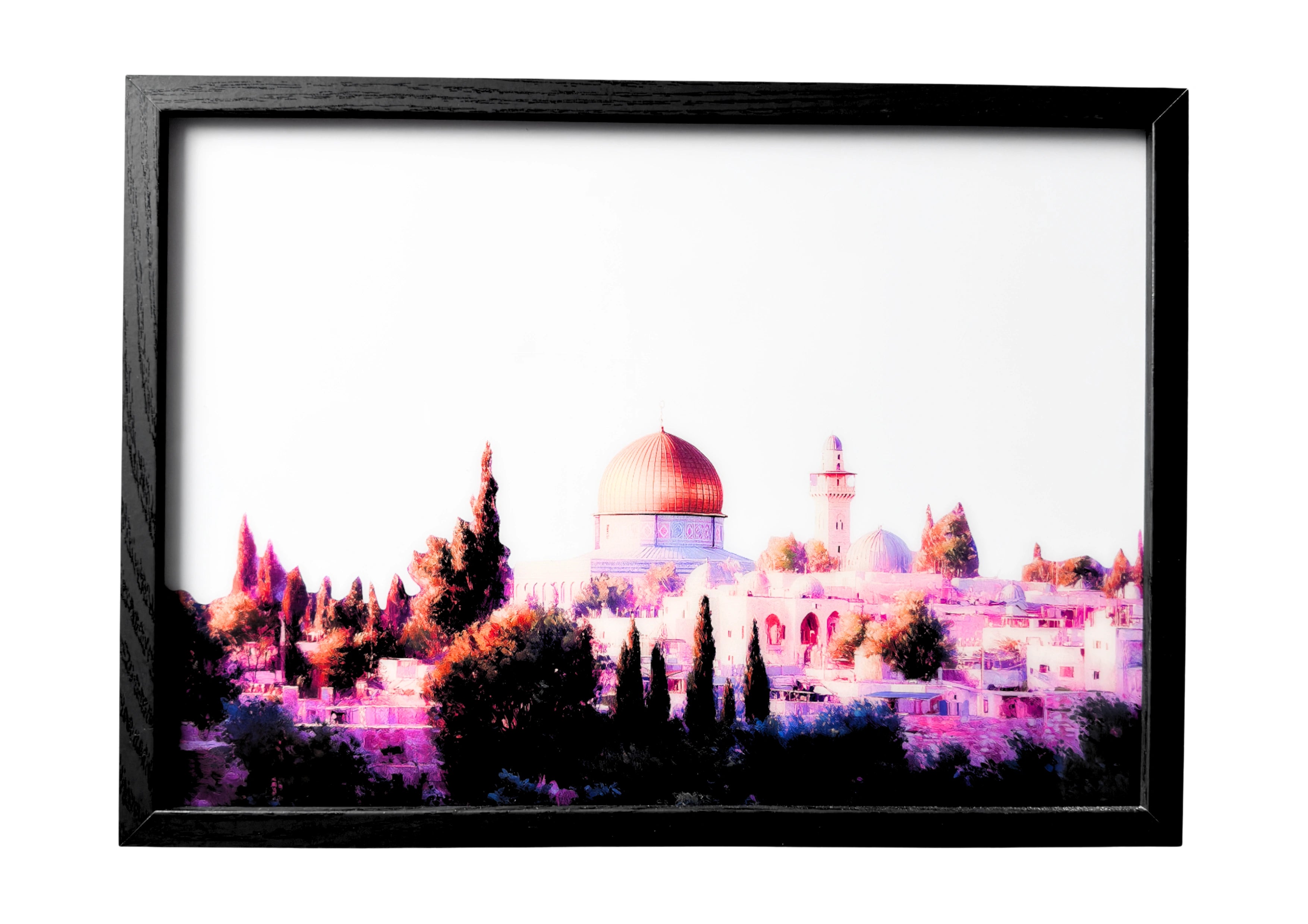 Dome of the Rock wall art with gold dome and purple hue. A framed tribute to Jerusalem’s sacred calm.
