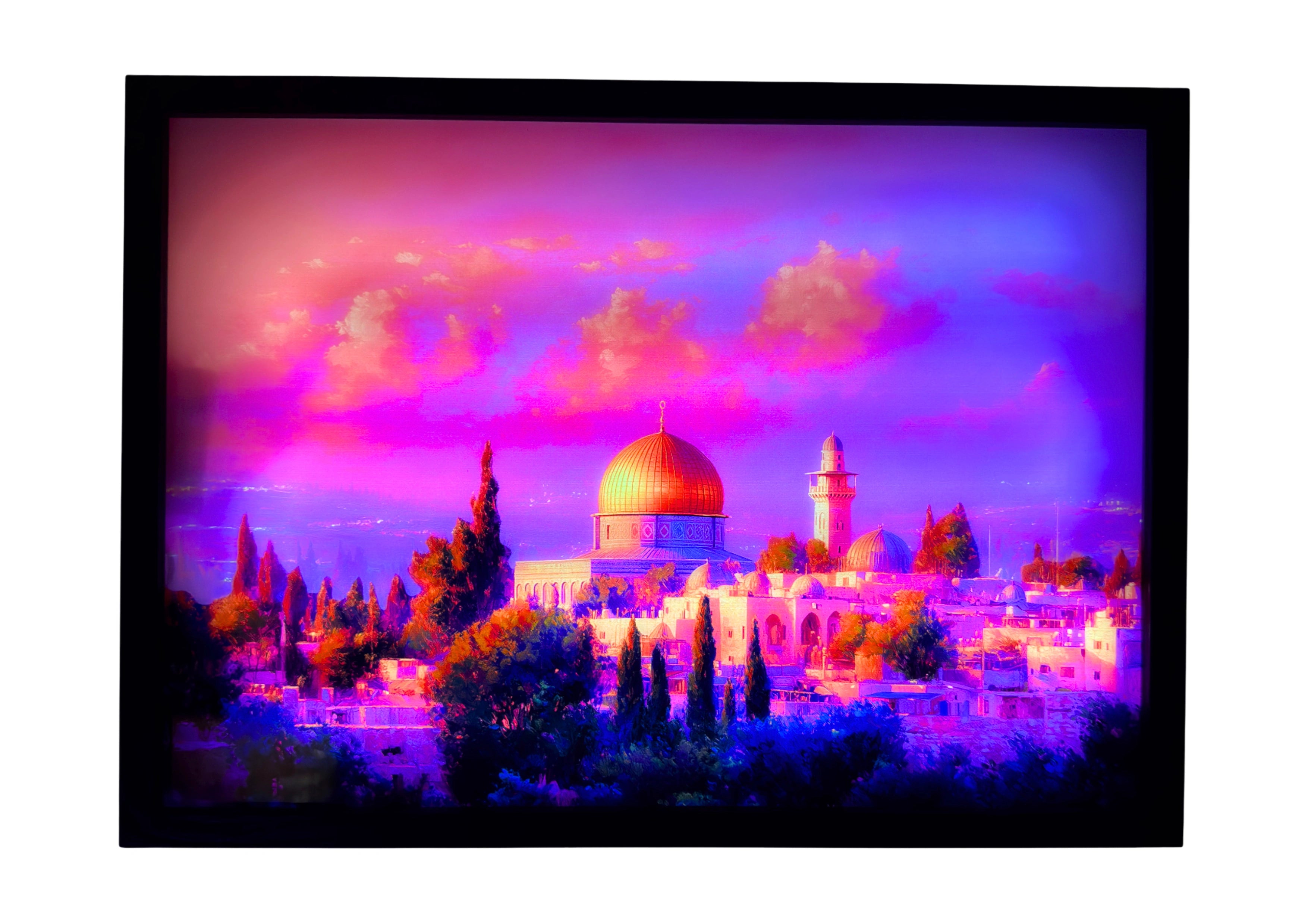 Dome of the Rock LED light up wall art glowing in purple and gold over Jerusalem. A radiant symbol of faith and light.