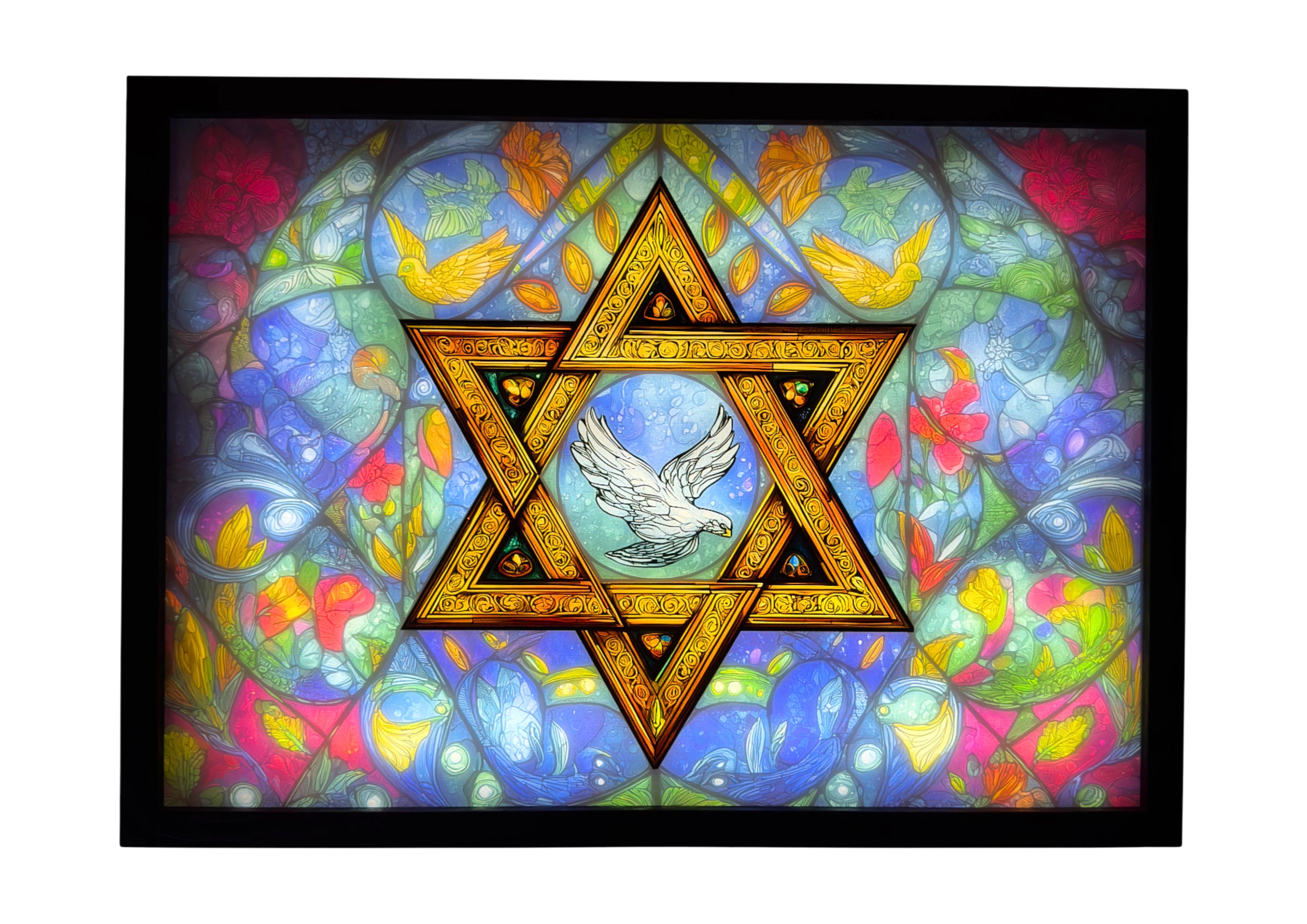 Star of David LED light up wall art glowing in stained-glass blue and gold. A radiant symbol of Jewish faith and light.