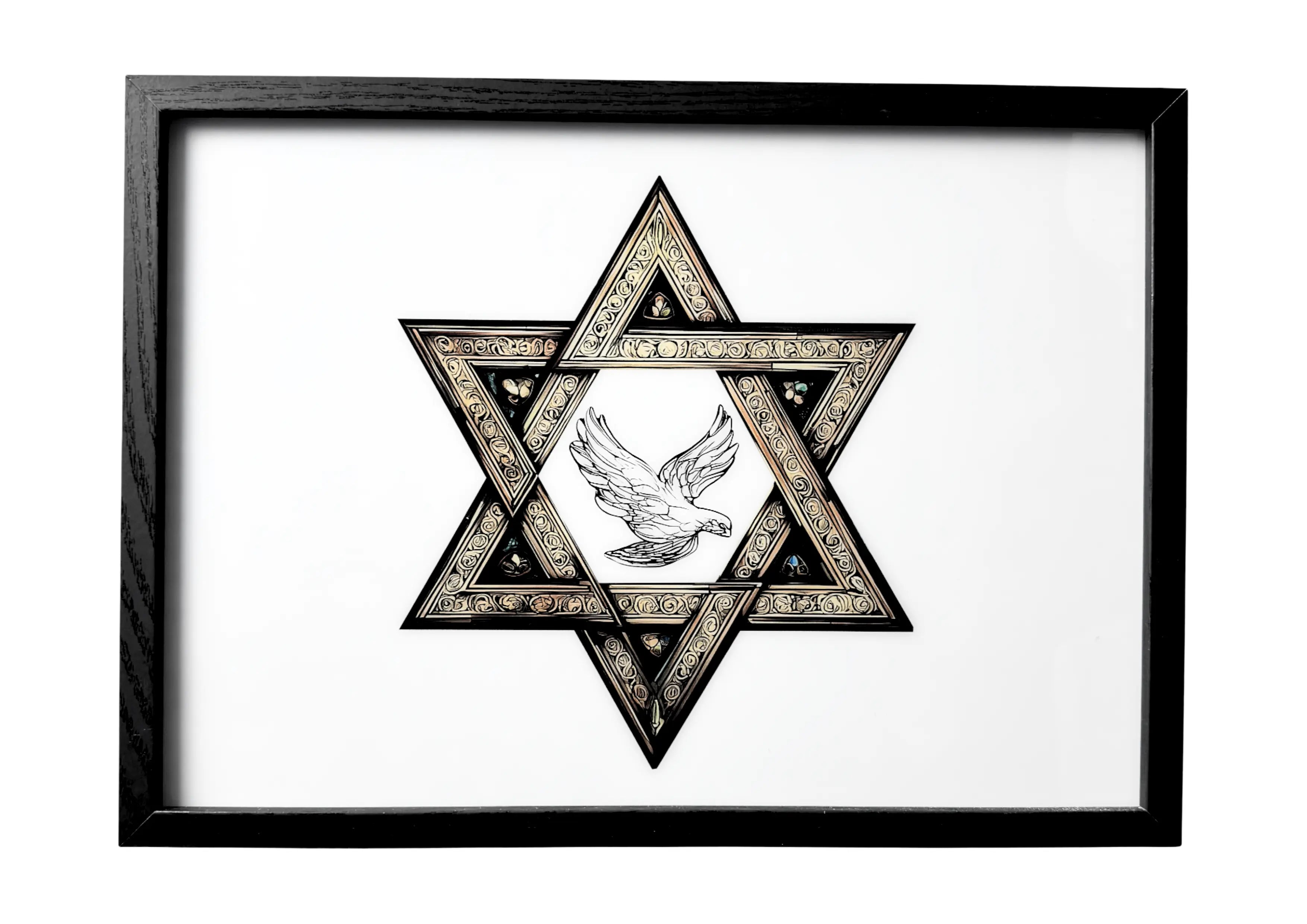 Star of David wall art in gold with dove detail. A framed symbol of peace and Jewish heritage.