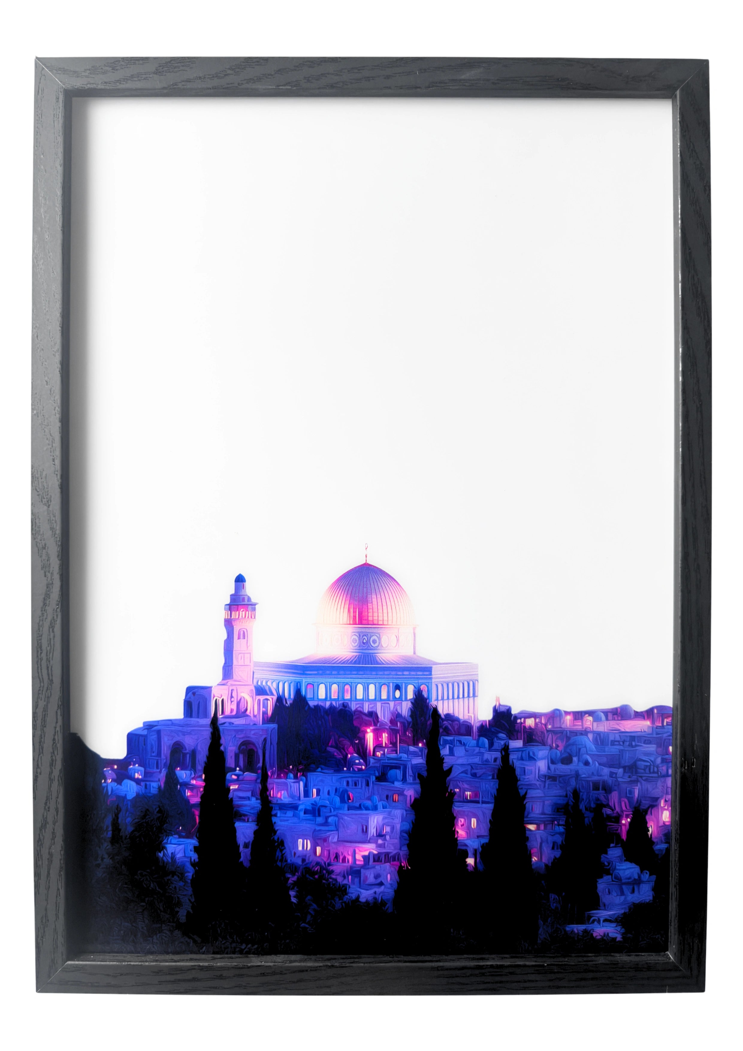 Dome of the Rock LED light up wall art glowing in pink and gold skies over Jerusalem. A radiant symbol of devotion and light.
