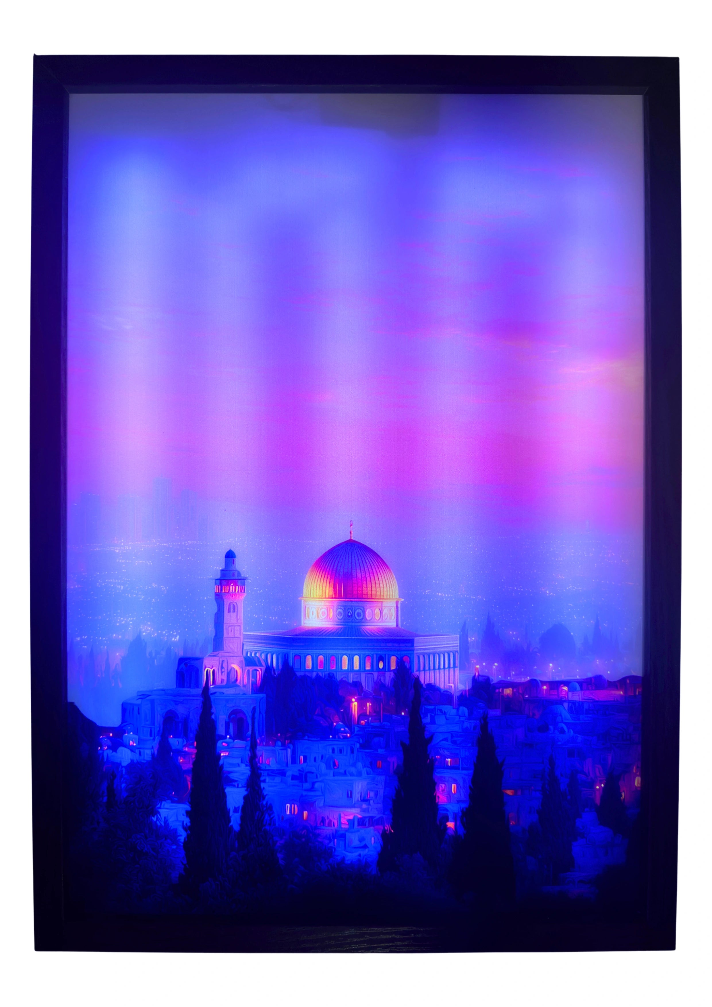 Dome of the Rock LED light up wall art glowing in sapphire and gold twilight. A luminous tribute to sacred reflection.