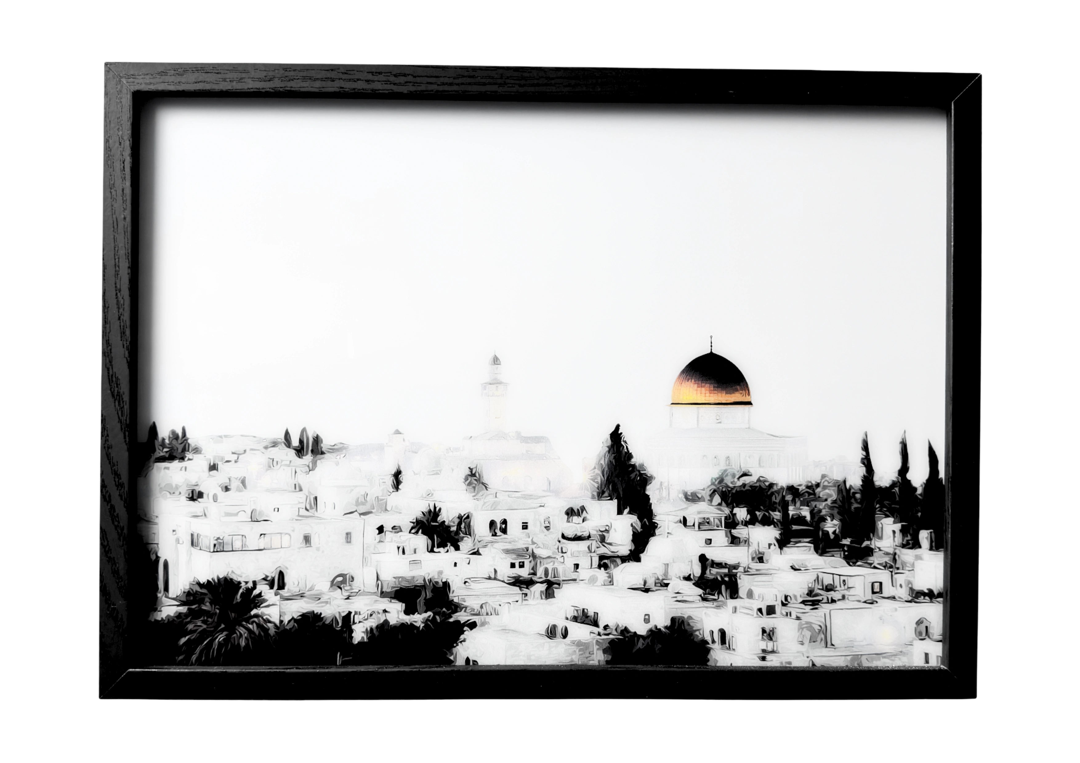 Dome of the Rock wall art in grayscale with gold dome detail. A framed symbol of evening devotion.