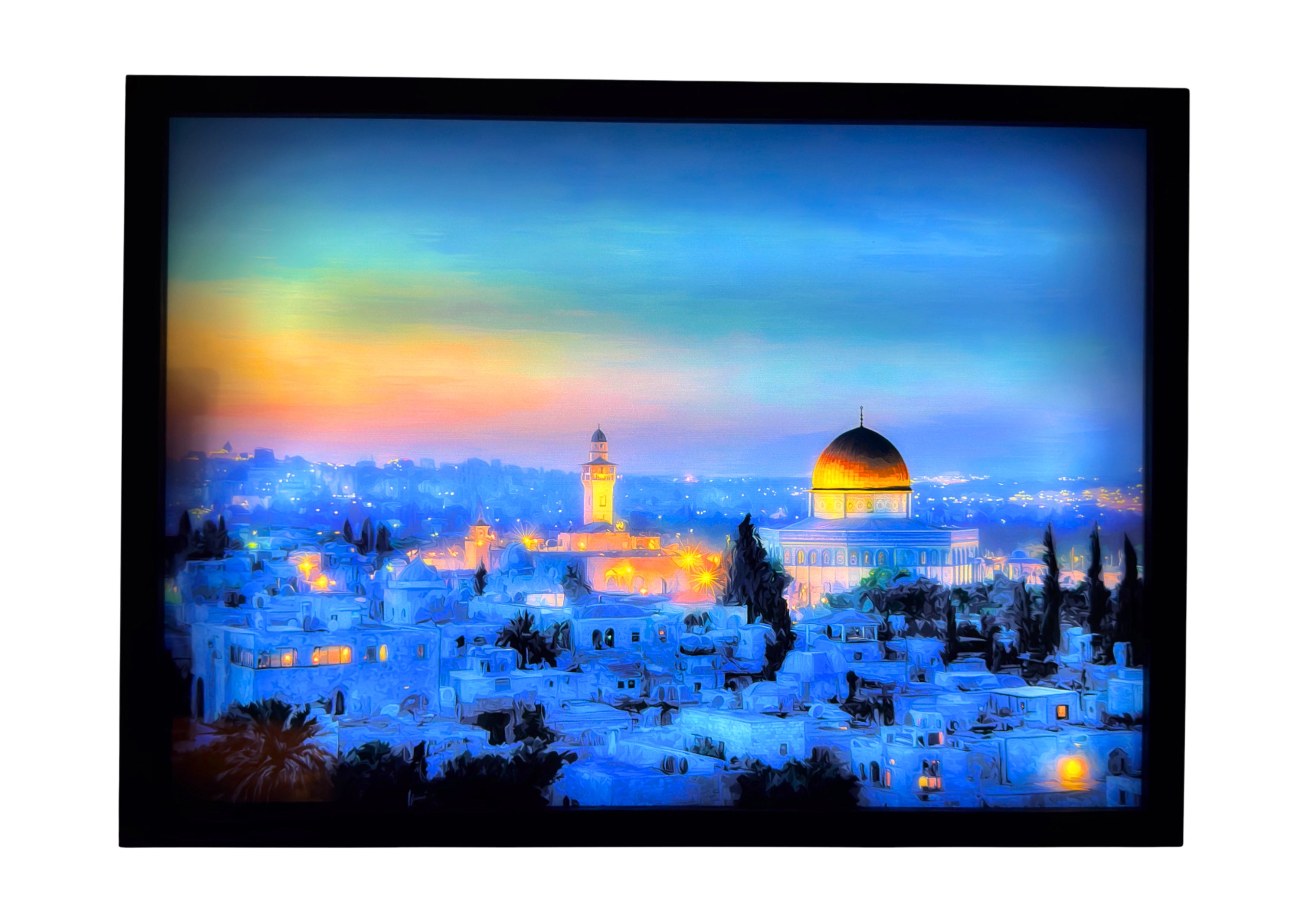 Dome of the Rock LED light up wall art glowing in sapphire and gold twilight. A luminous tribute to sacred reflection.