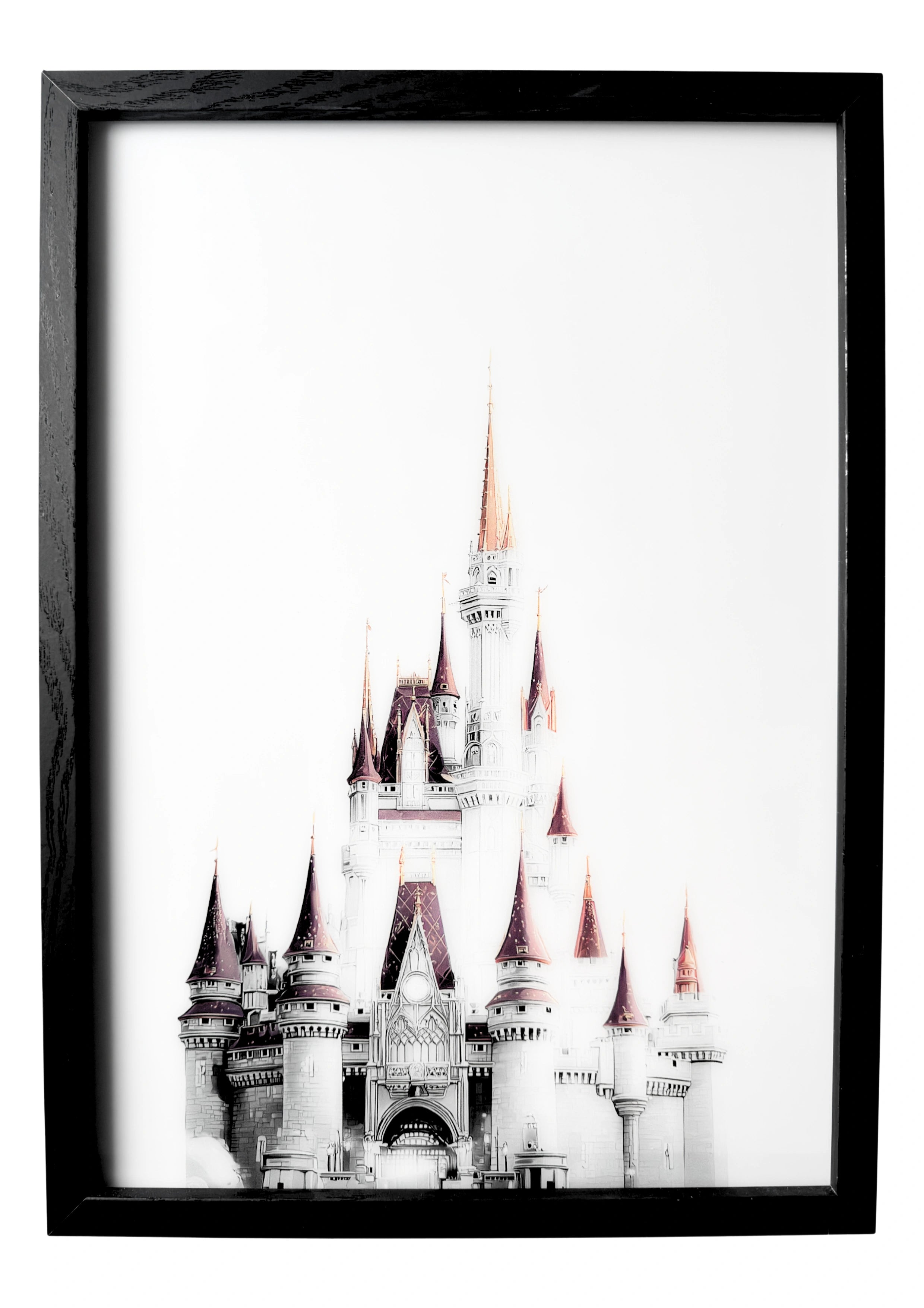 Minimalist enchanted castle wall art with lilac spires and soft silver tones. A dreamy fairytale accent for nursery décor.