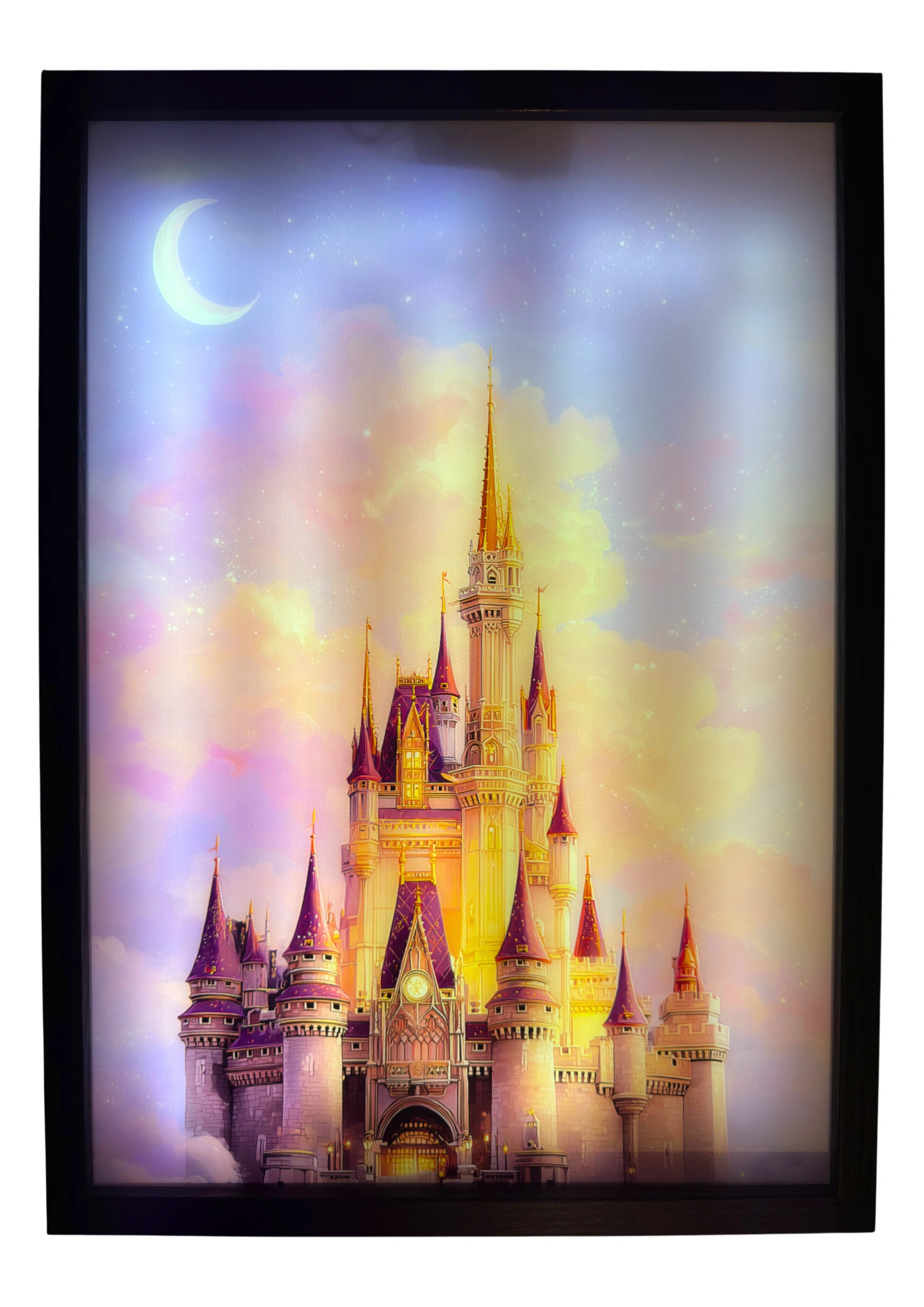 Enchanted castle LED light up wall art glowing beneath a crescent moon in rose and gold hues. A magical fairytale piece for bedtime glow.