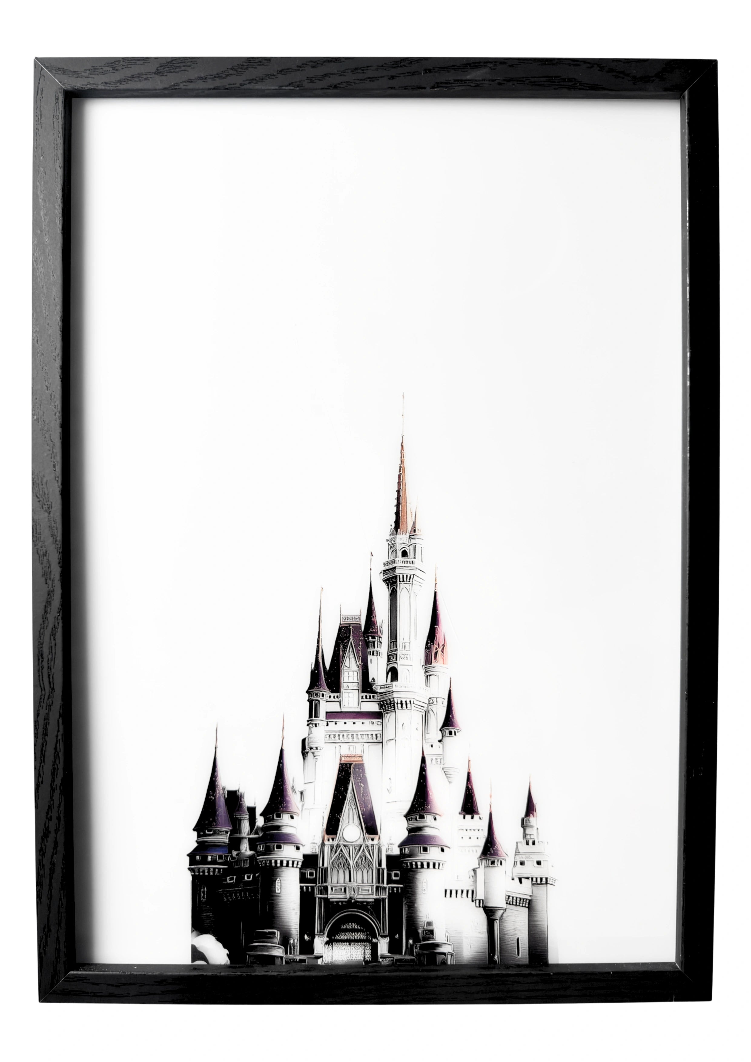 Minimalist castle wall art with purple cone tops under a calm sky. A gentle fairytale piece bringing quiet beauty to the nursery.