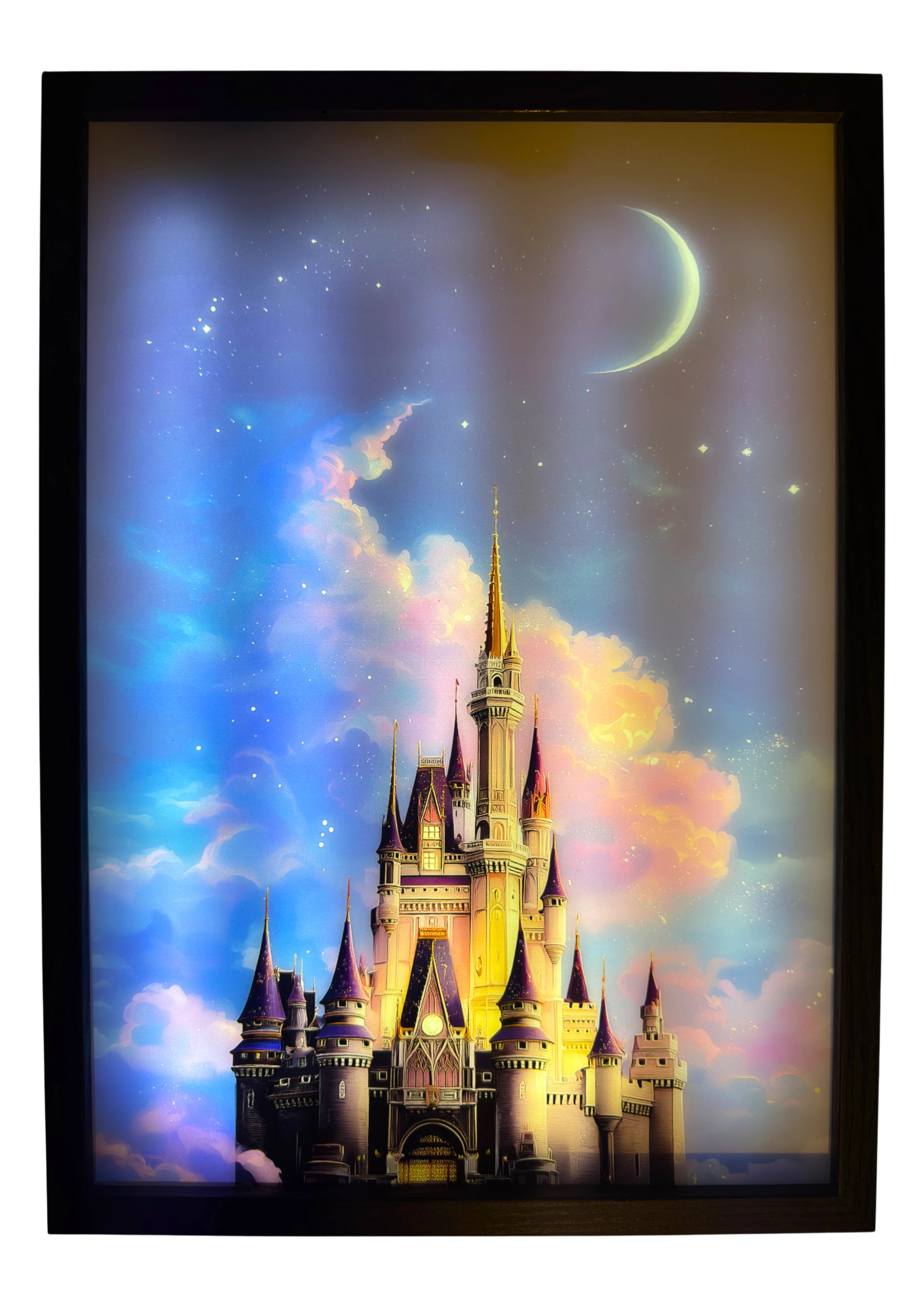 Castle LED light up wall art glowing beneath a midnight sky with lilac clouds in moonlight. A magical nursery dreamscape.