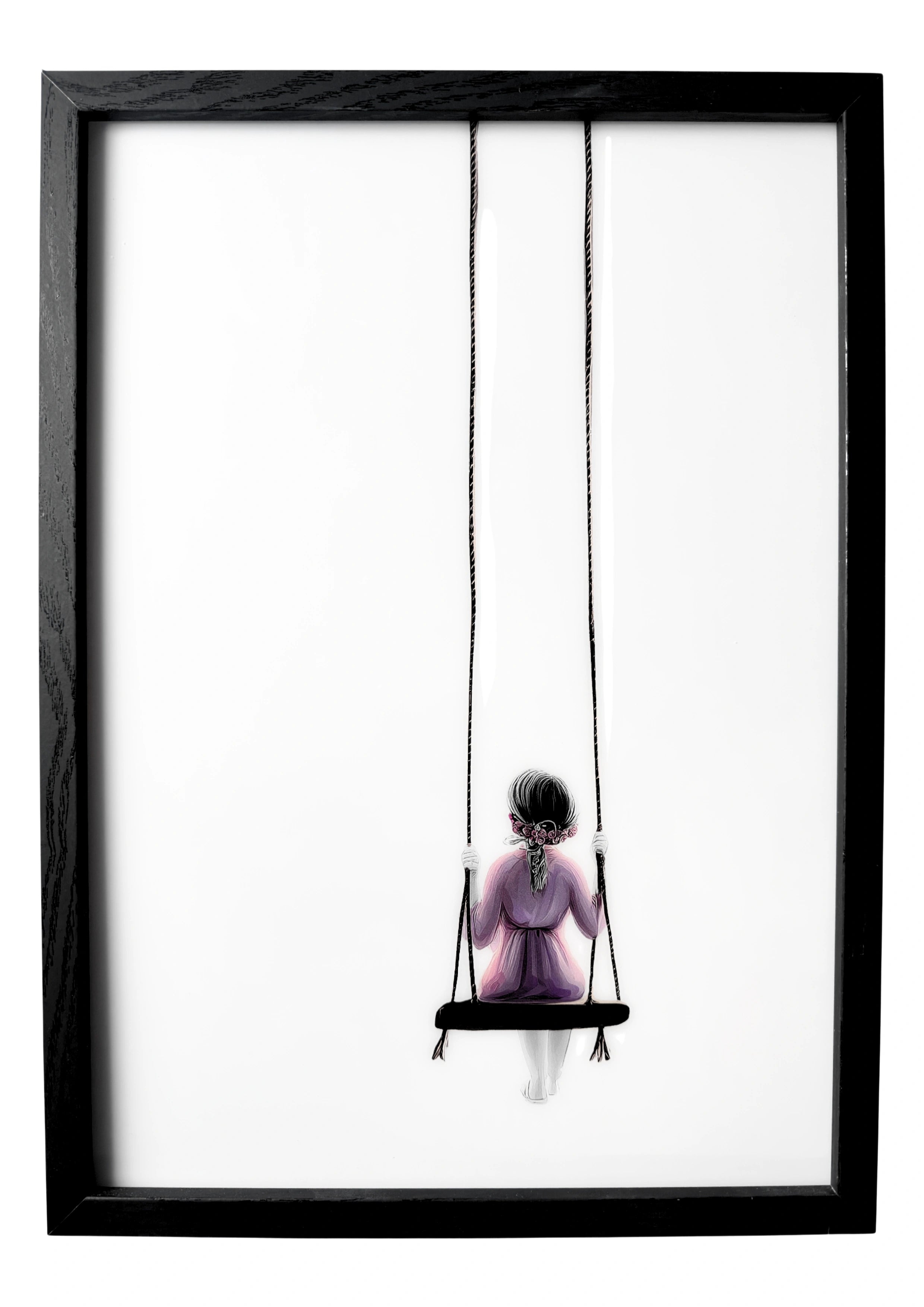 Minimalist girl on a swing wall art with soft pink dress and bow detail. A gentle nursery piece filled with quiet beauty.