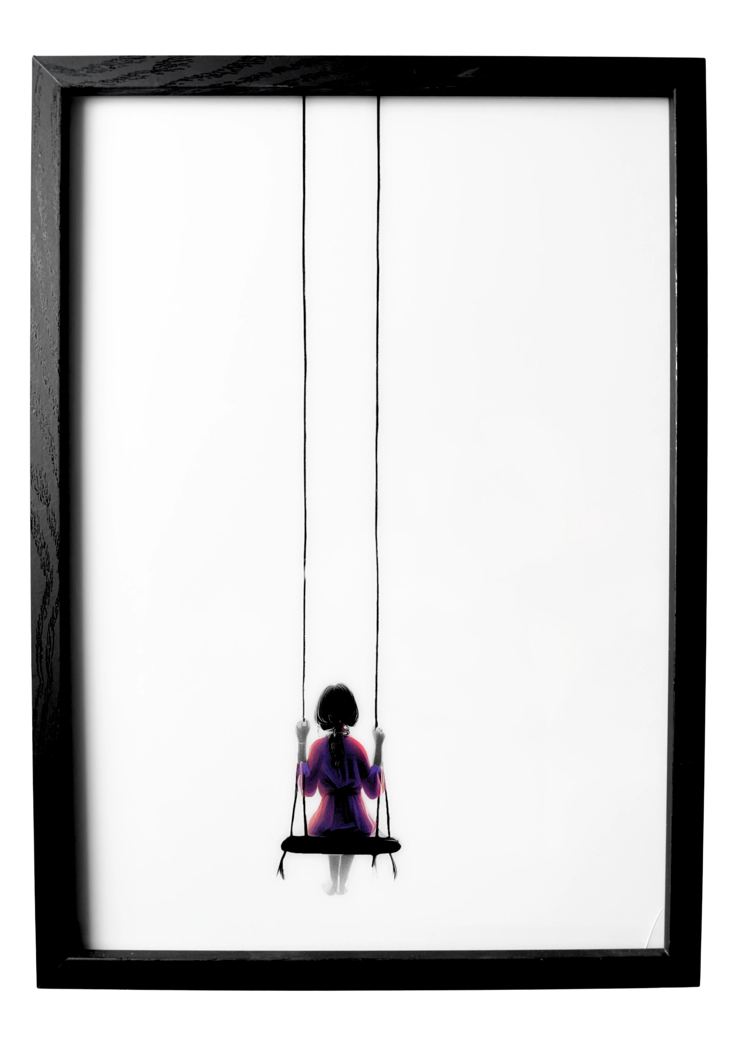 Minimalist girl on a swing wall art with lilac dress and bow detail. A gentle nursery piece filled with quiet beauty.