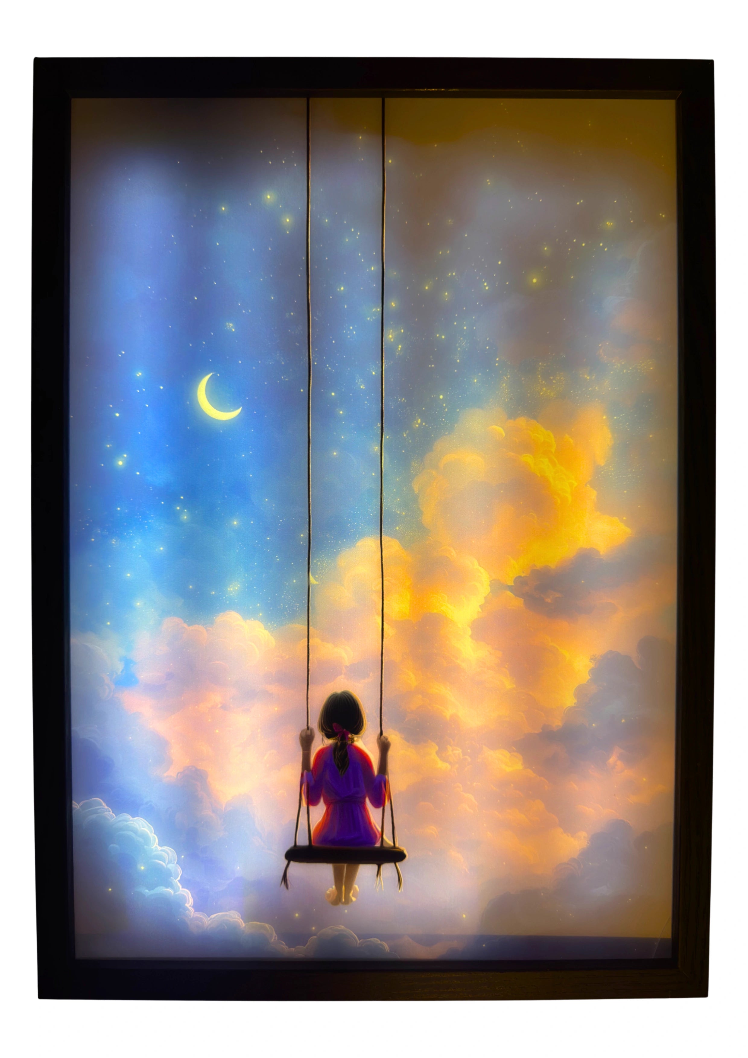 Girl on a swing LED light up wall art glowing beneath a deep midnight sky with violet and golden clouds. A magical dreamscape for nursery enchantment.