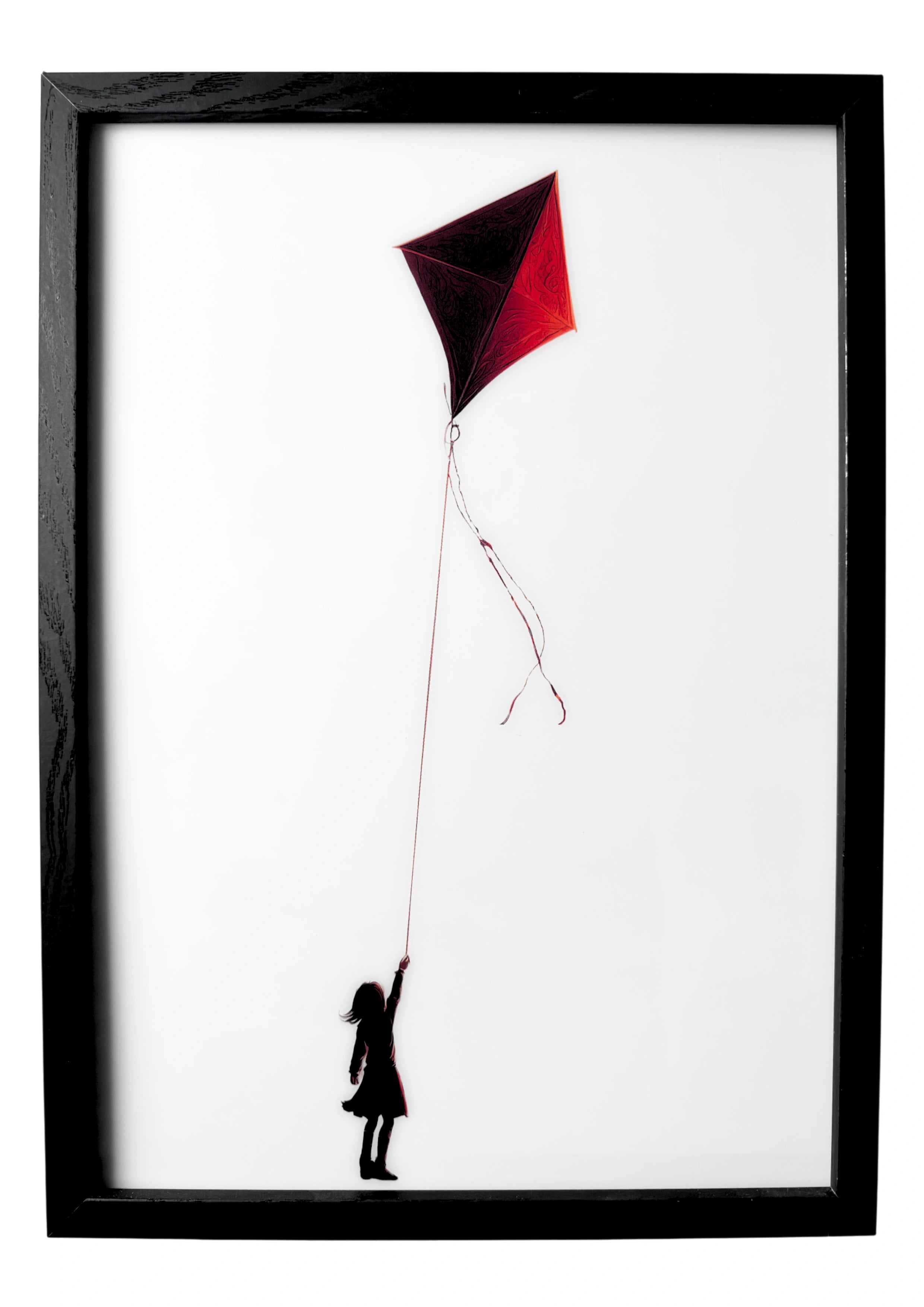 Minimalist girl with pink kite wall art. A soft and timeless nursery piece filled with quiet beauty.