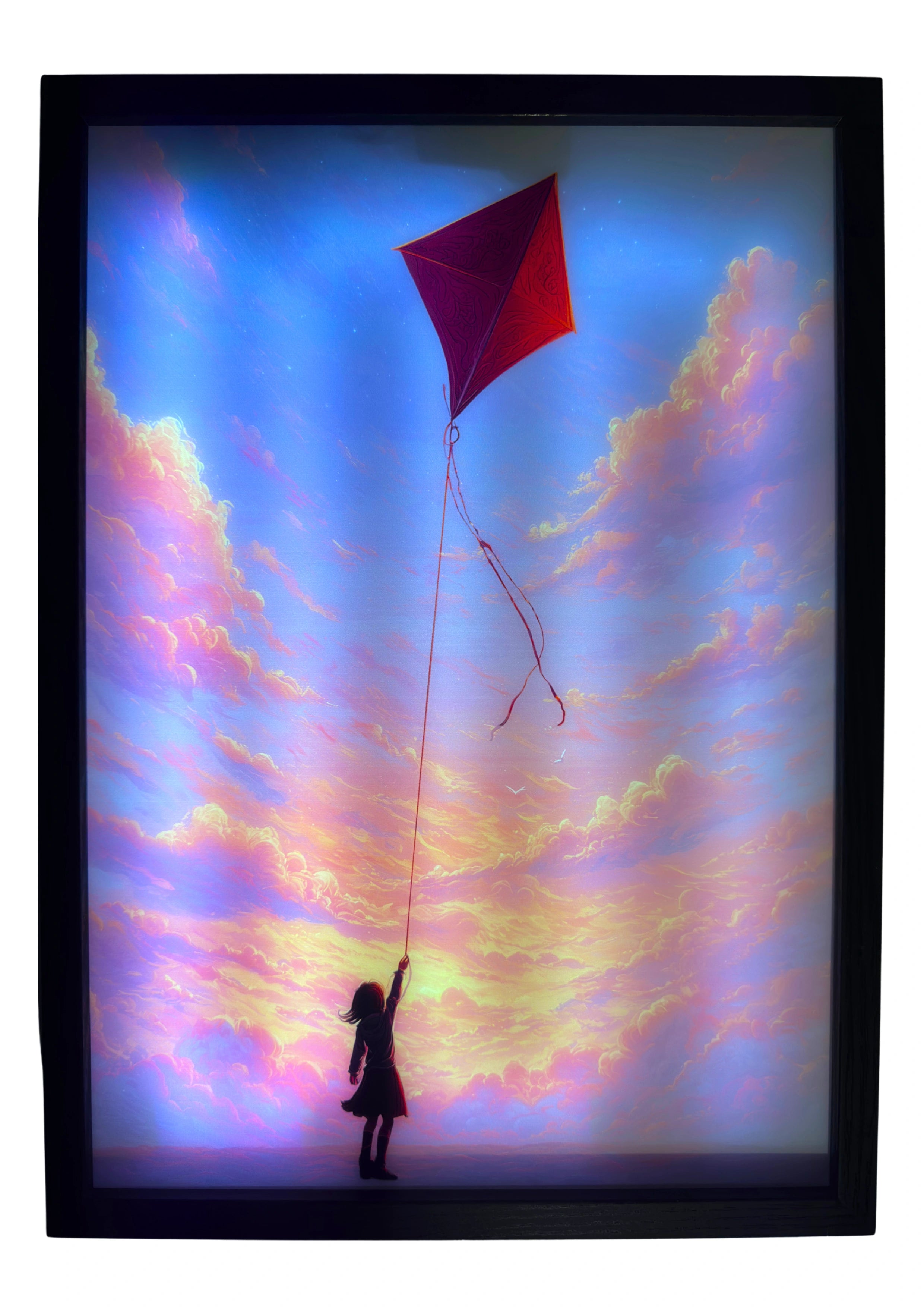 Girl with pink kite LED light up wall art glowing beneath golden sunset clouds. A magical dreamscape bringing warmth and wonder to the nursery.