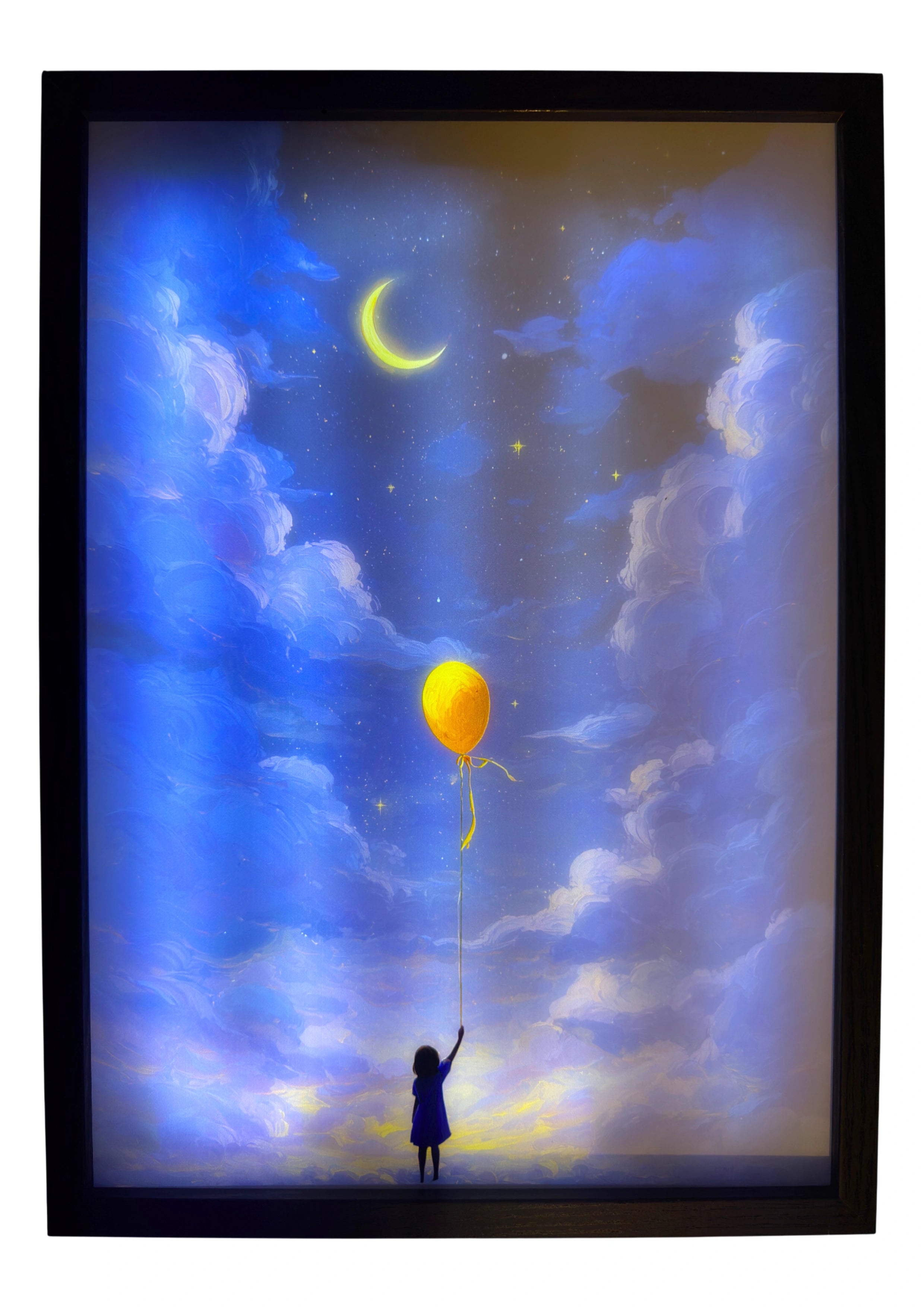 Girl with golden balloon LED light up wall art glowing beneath a midnight sky with crescent moon. A magical dreamscape bringing warmth and wonder to the nursery.