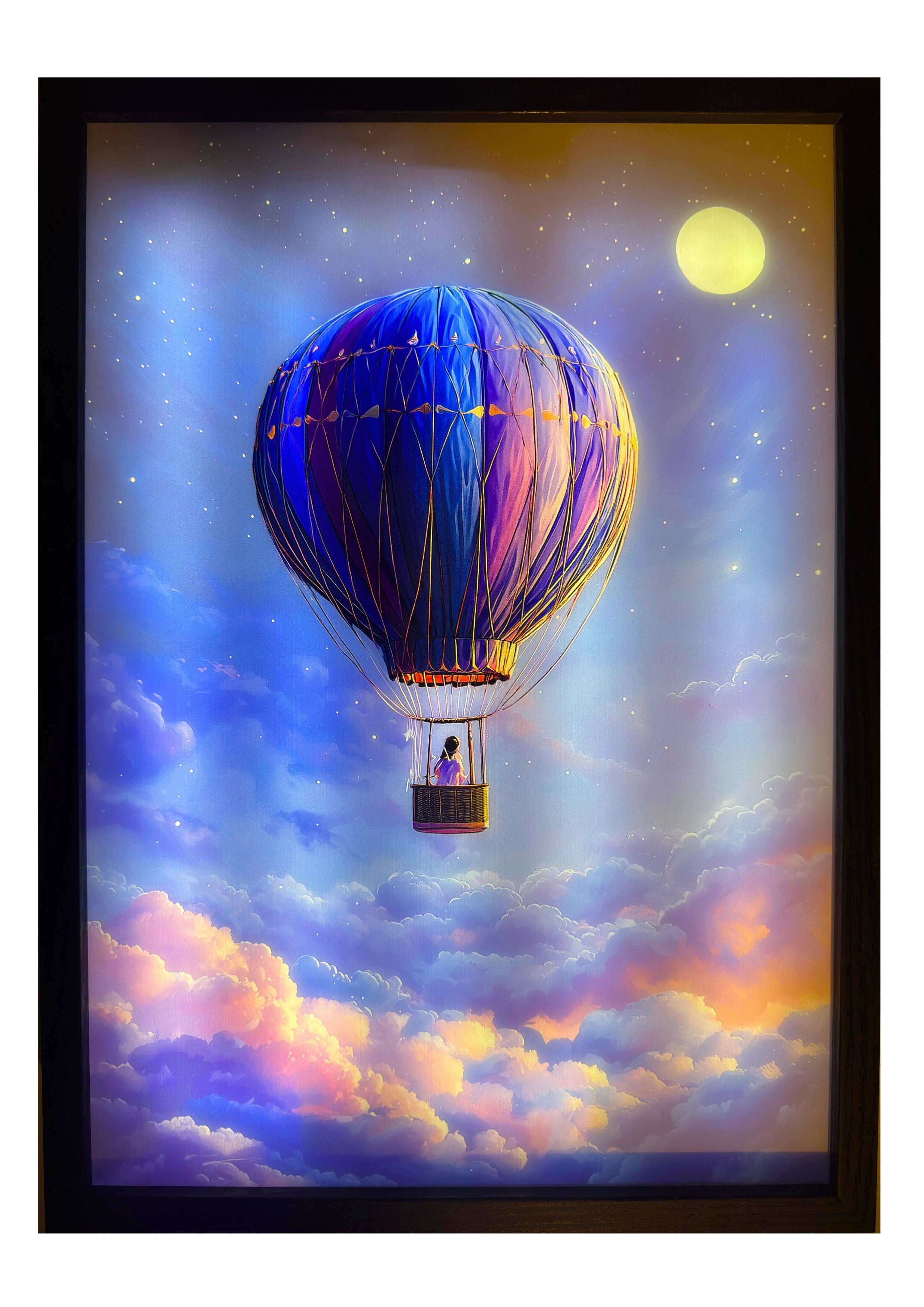 Hot air balloon LED light up wall art glowing beneath a moonlit midnight sky with lilac and golden clouds. A magical dreamscape for nursery wonder.