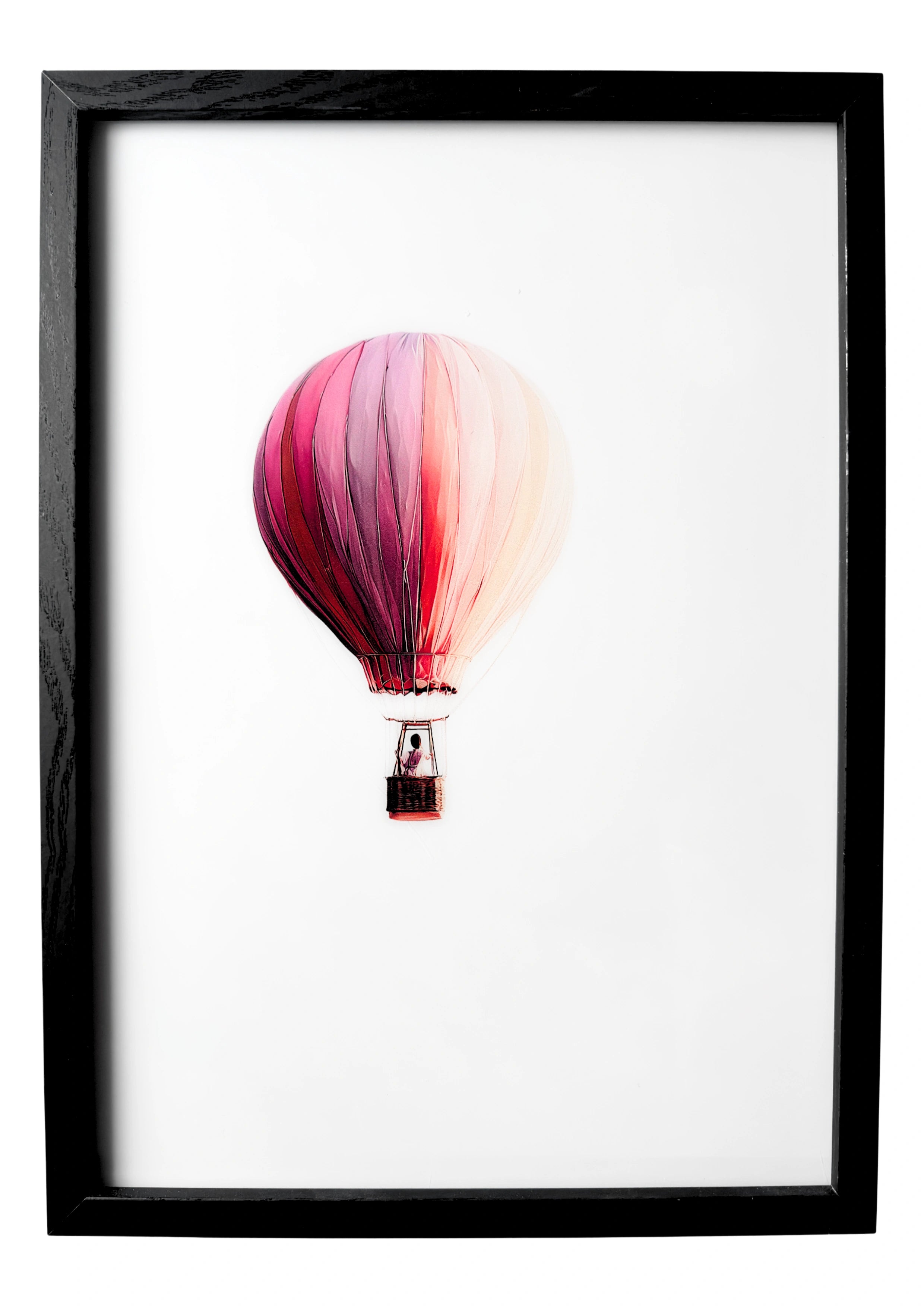 Minimalist hot air balloon wall art with rose-pink detail. A gentle nursery piece filled with calm beauty.