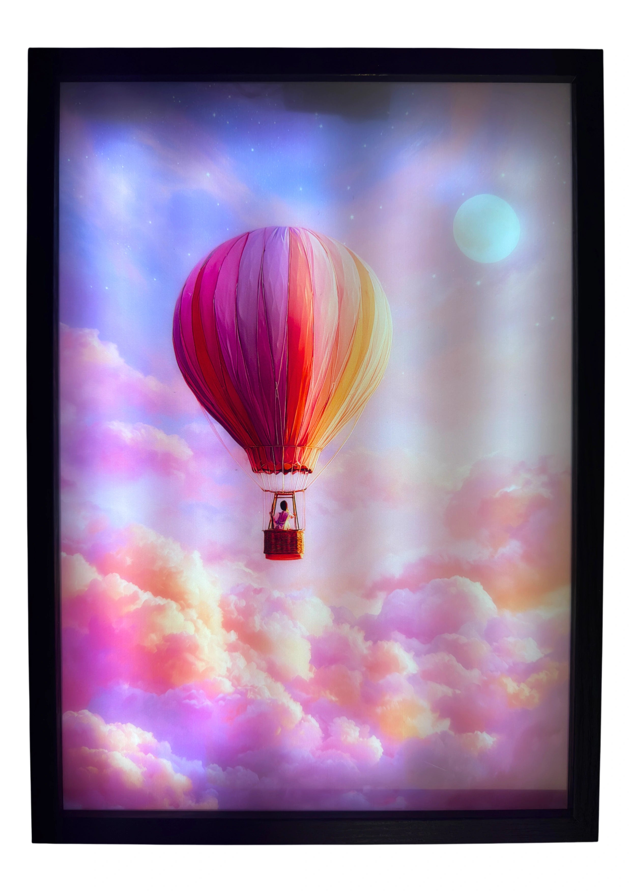 Hot air balloon LED light up wall art glowing beneath golden sunset clouds with a full moon above. A magical dreamscape bringing warmth and wonder to the nursery.