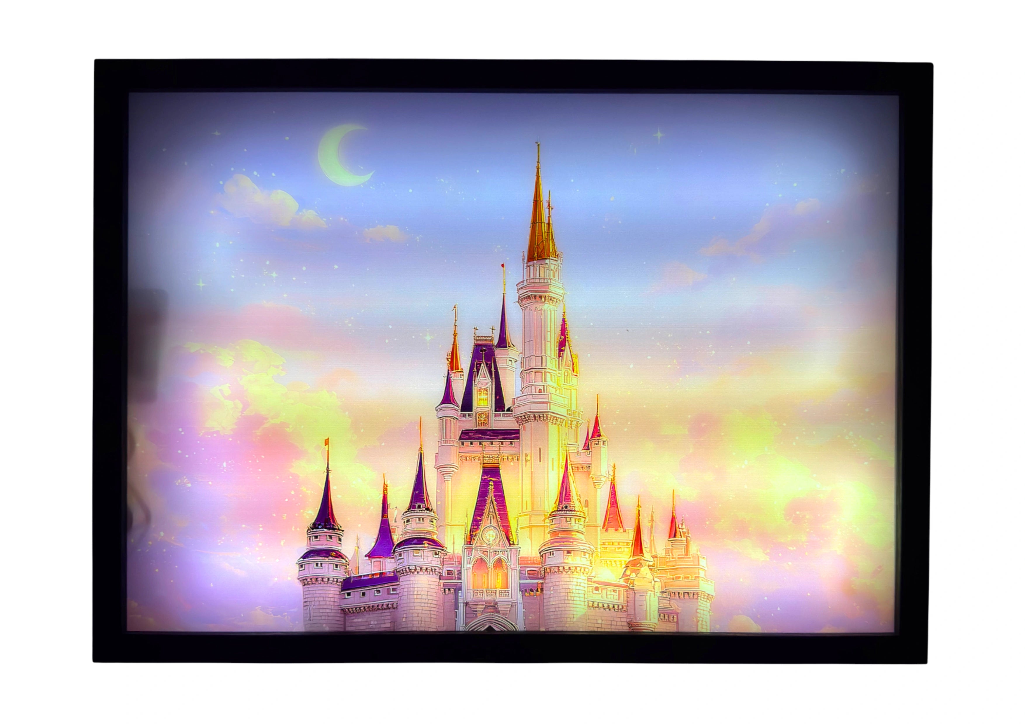 Castle LED light up wall art glowing beneath pink and golden dusk clouds with a crescent moon above. A magical dreamscape for nursery enchantment.