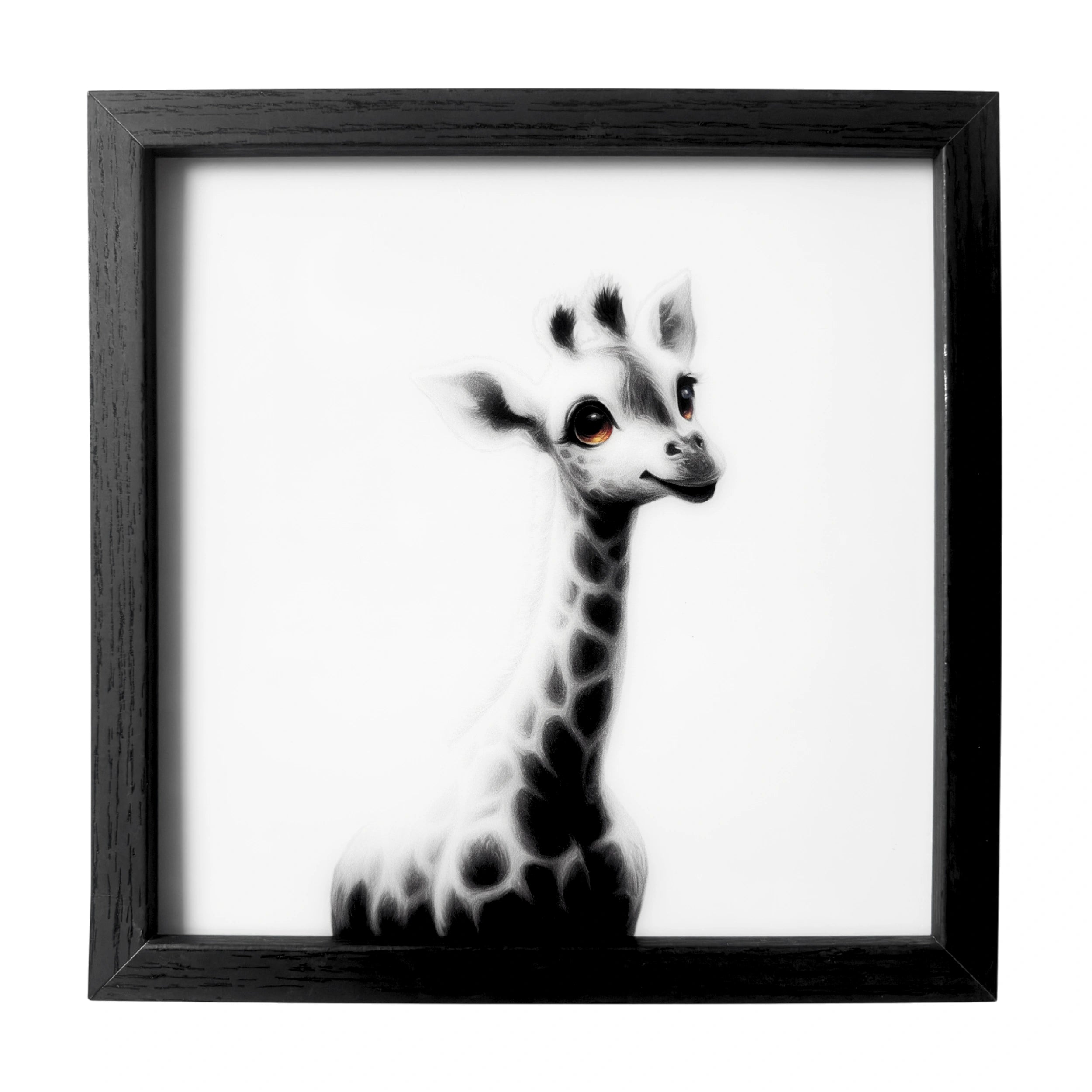 Minimalist baby giraffe wall art with golden-brown eyes. A framed gentle nursery companion.