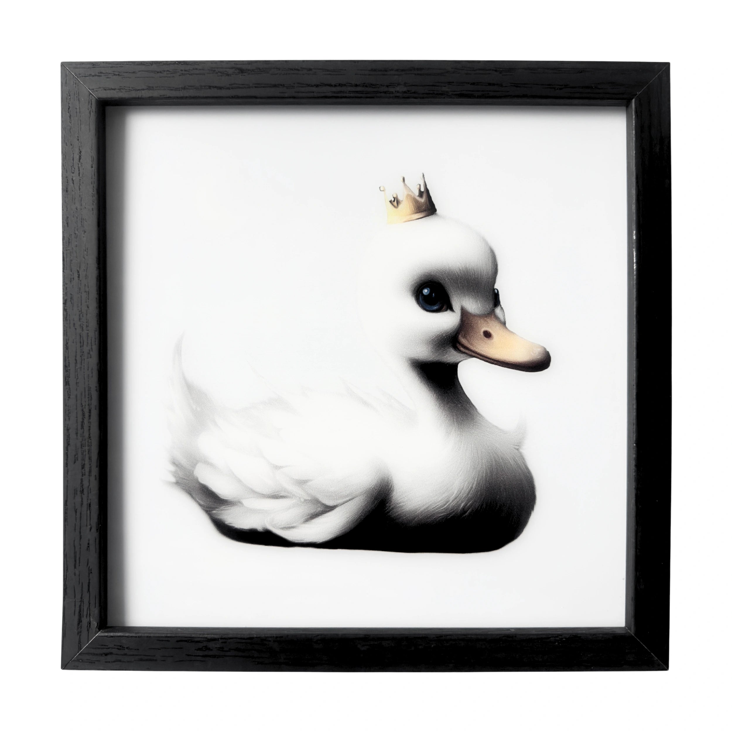 Minimalist baby duck wall art with golden crown and soft blue eyes. A framed gentle nursery companion.