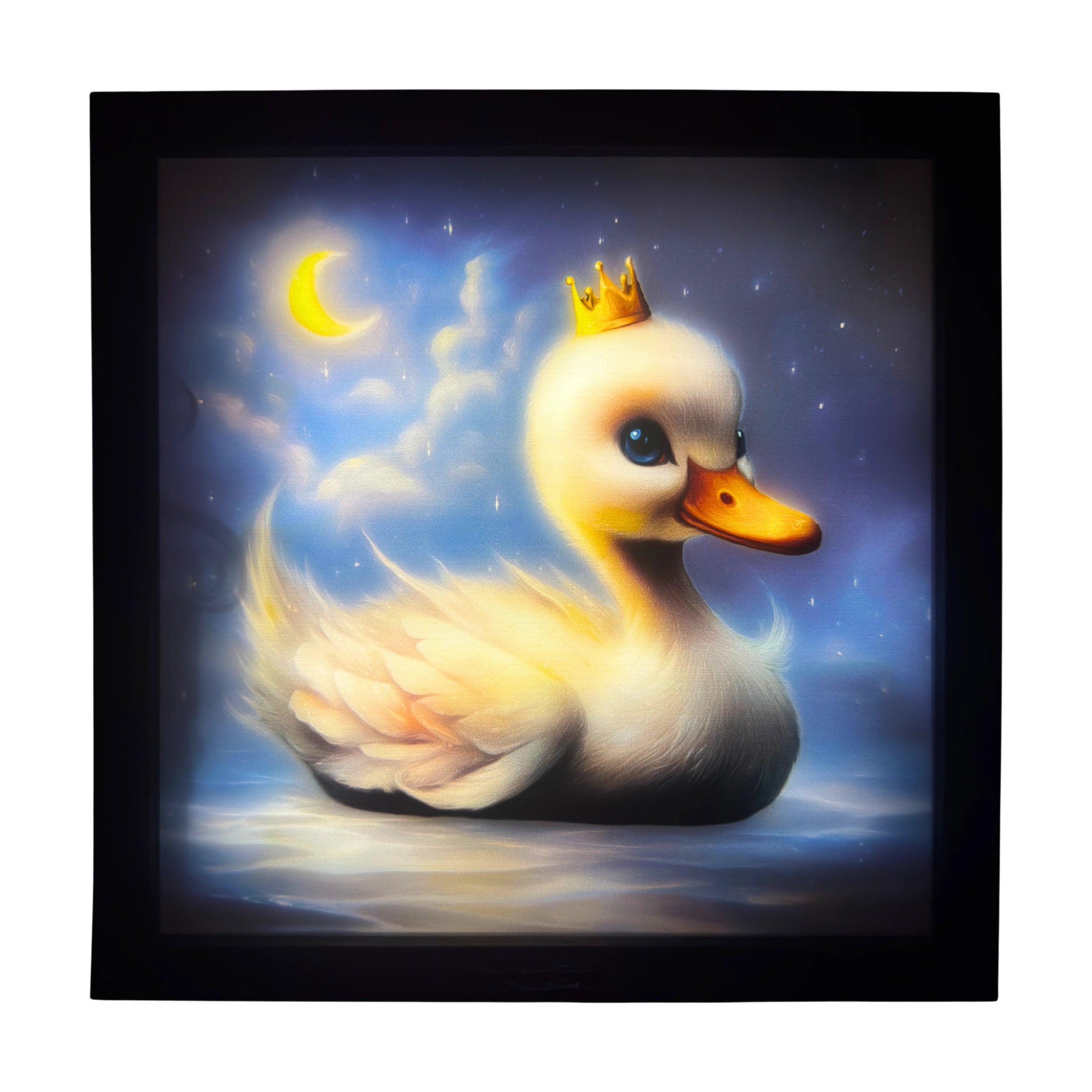 Baby duck LED light up wall art glowing beneath the moon, golden crown and blue eyes shining softly. A magical glowing companion for nursery enchantment.