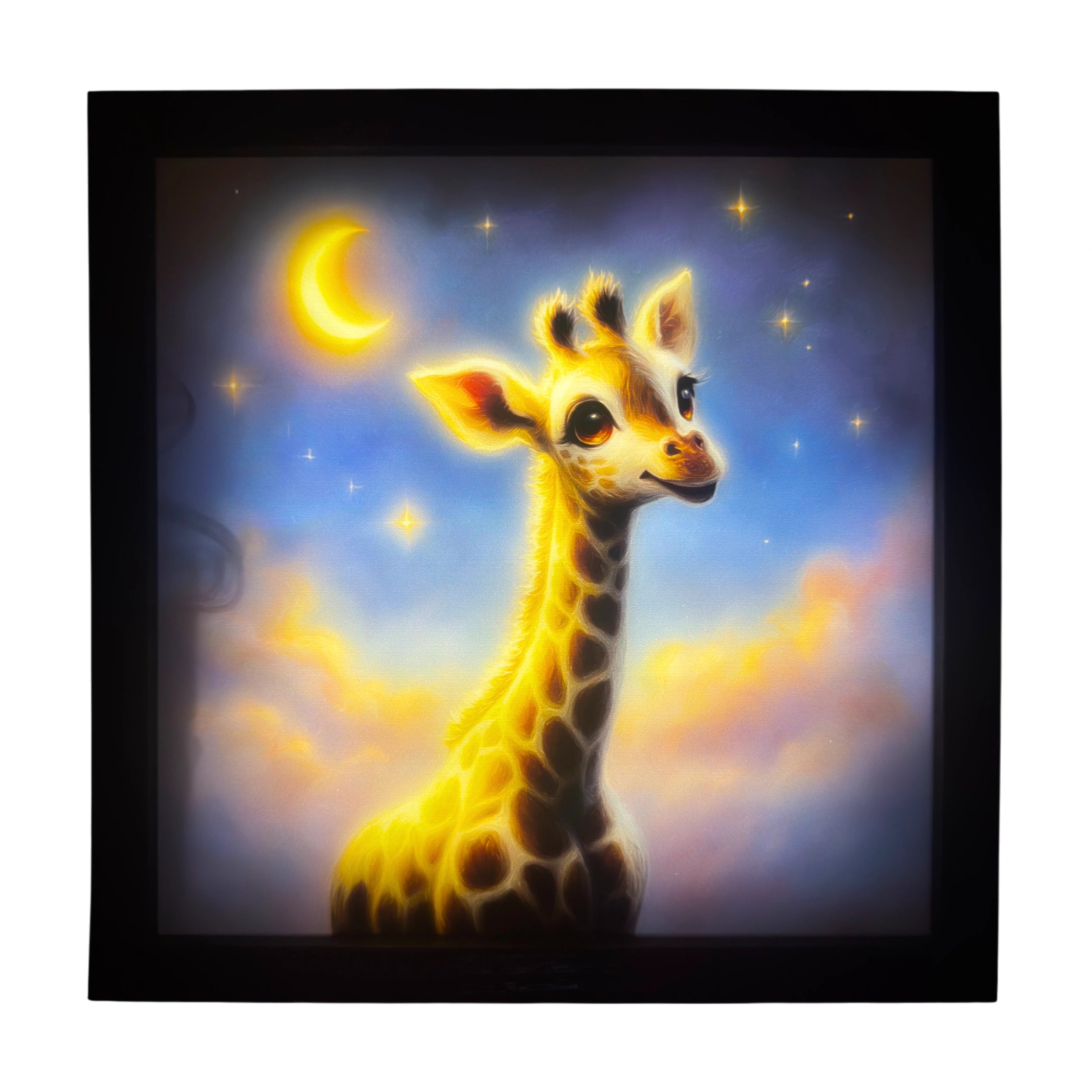 Baby giraffe LED light up wall art glowing beneath the moon, golden-brown eyes shining softly. A magical glowing companion for nursery enchantment.