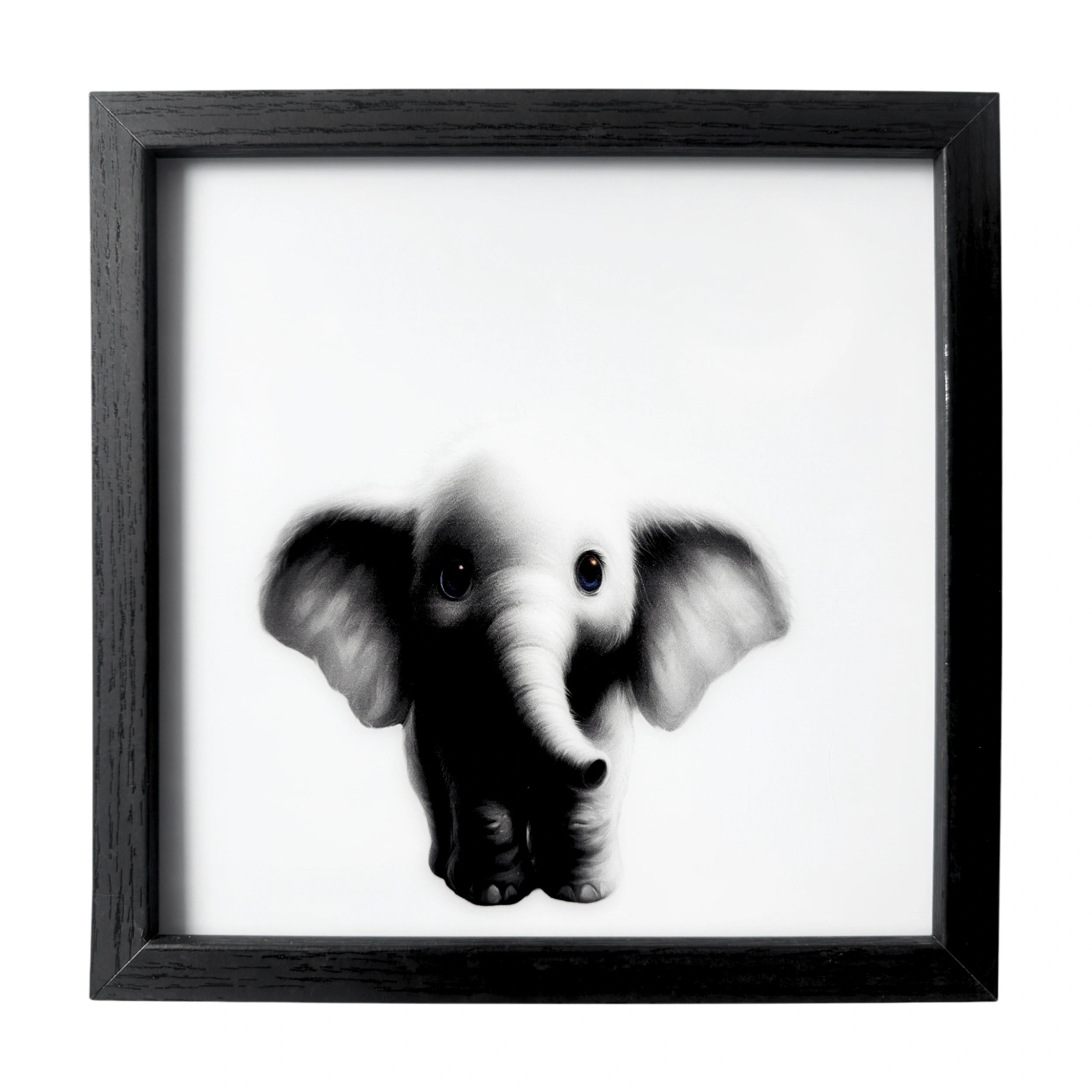 Baby elephant wall art with deep blue eyes. A framed gentle nursery companion.