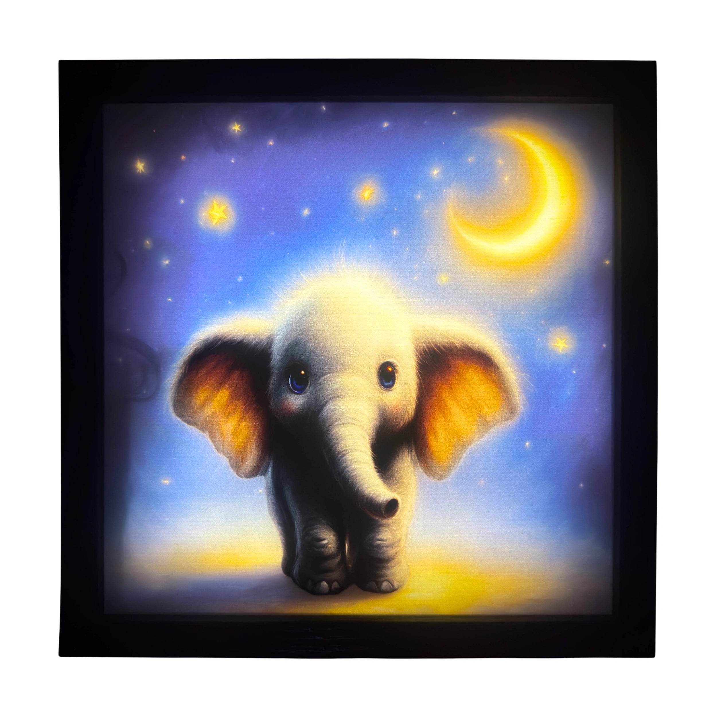 Baby elephant LED light up wall art glowing beneath the moon, golden tones and blue eyes shining. A magical framed companion for nursery enchantment.