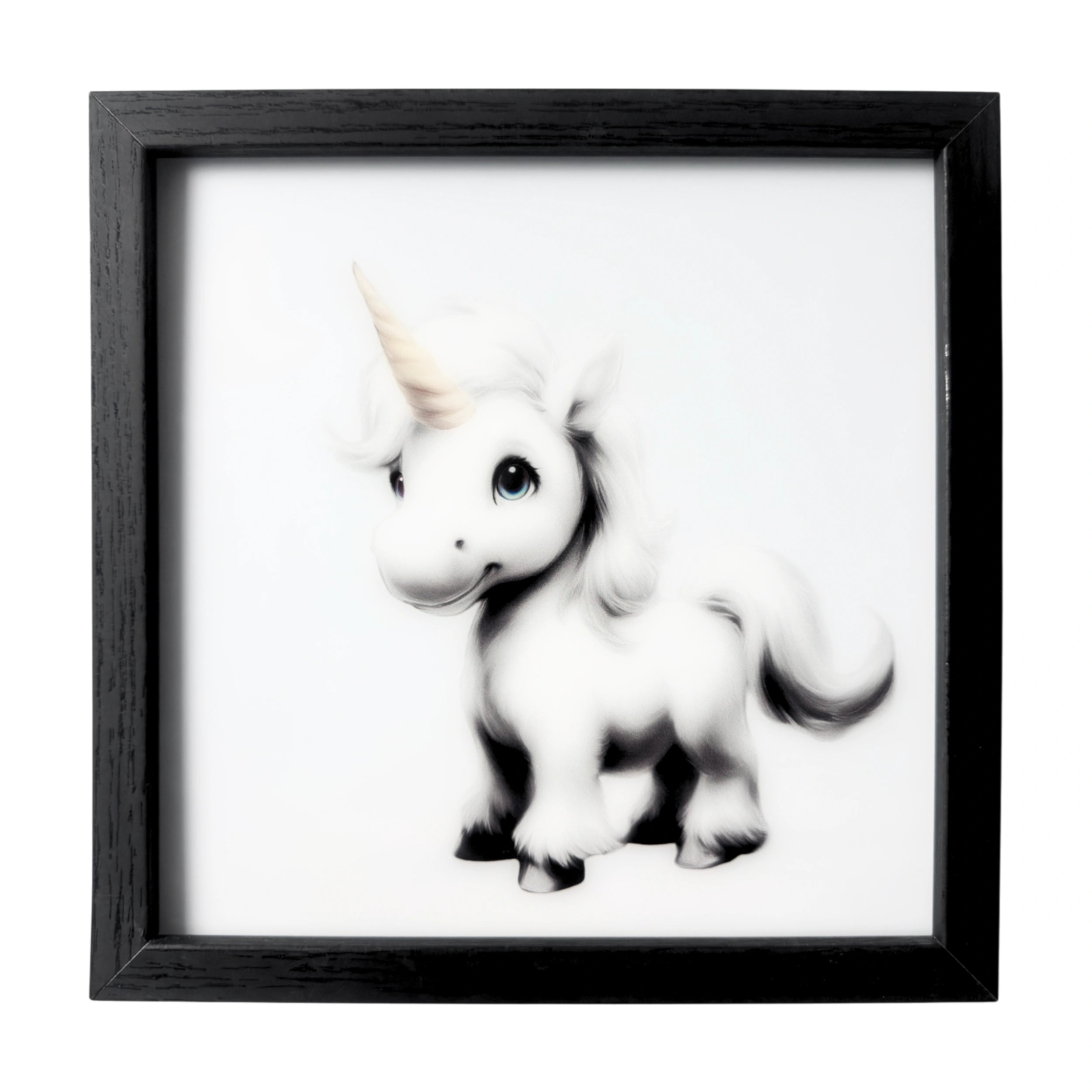 Minimalist baby unicorn wall art with golden horn and blue eyes. A framed gentle nursery companion.