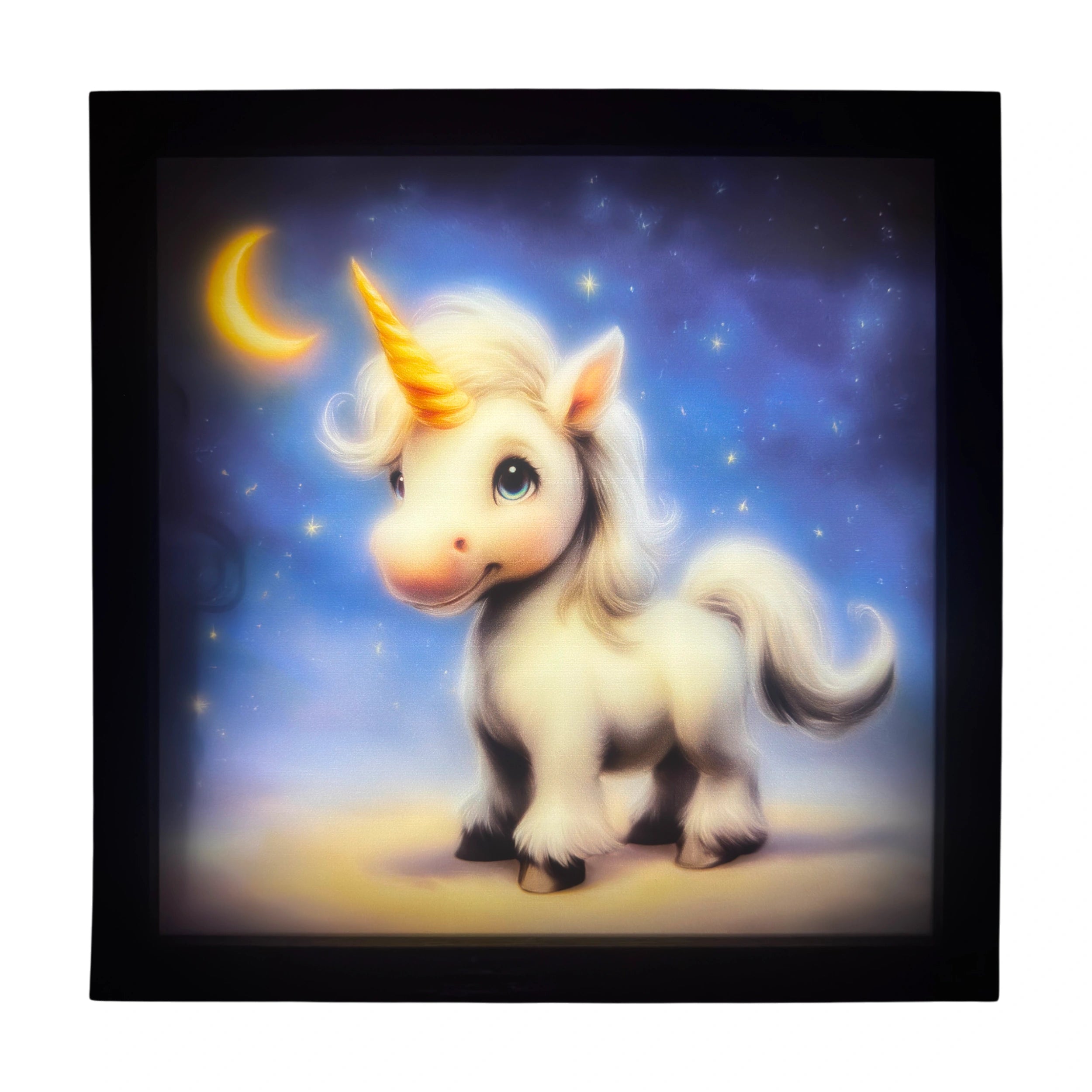 Baby unicorn LED light up wall art glowing beneath the moon, golden horn and blue eyes shining softly. A magical glowing companion for nursery enchantment.