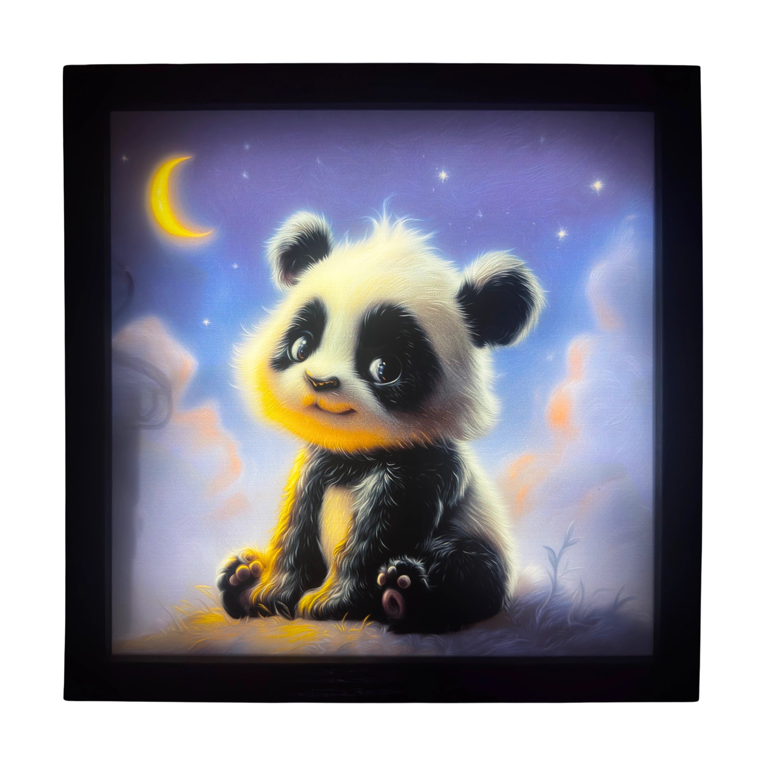 Baby panda LED light up wall art glowing beneath the moon, brown eyes shining softly. A magical glowing companion for nursery enchantment.