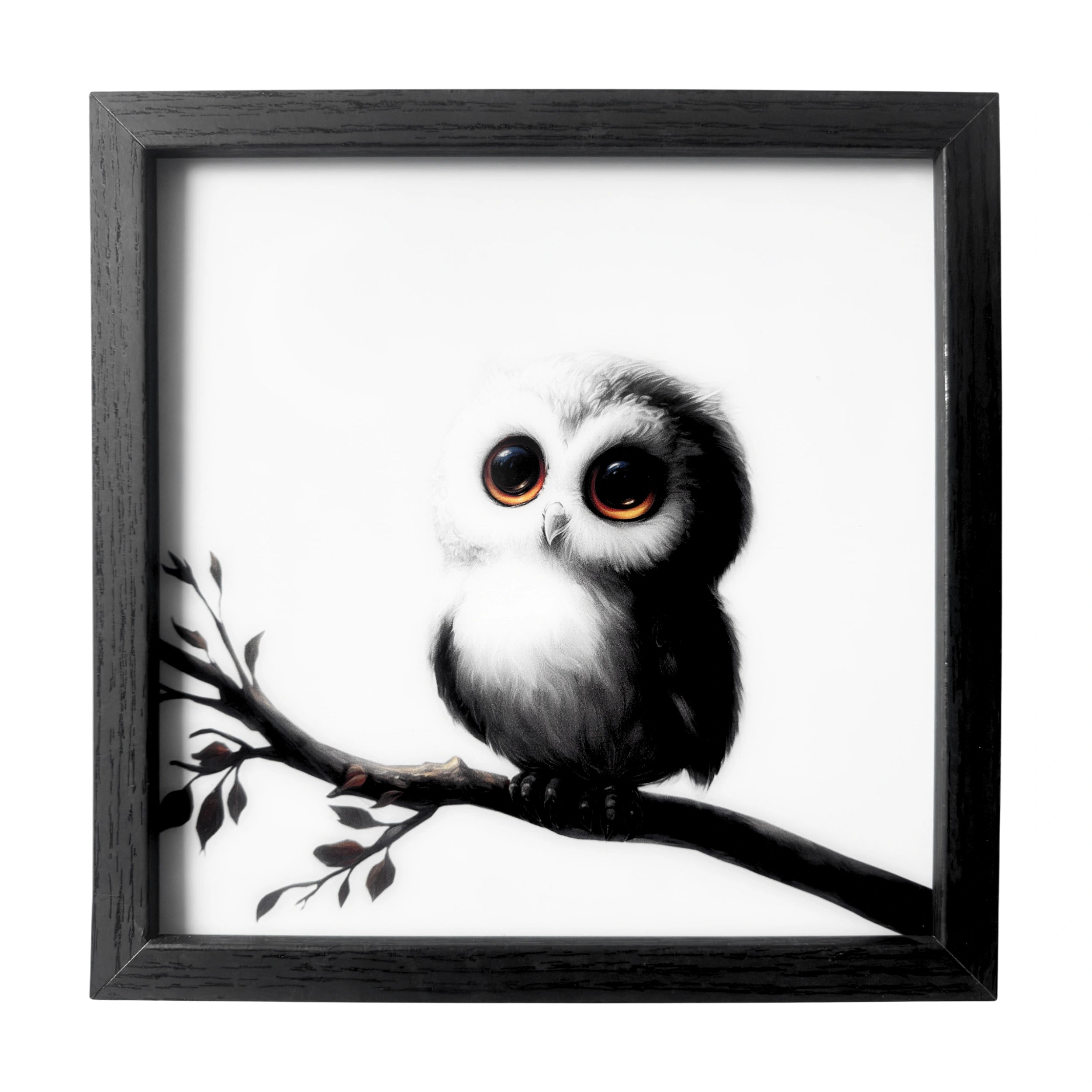 Minimalist baby owl wall art with warm brown eyes sitting on a branch. A framed gentle nursery companion.