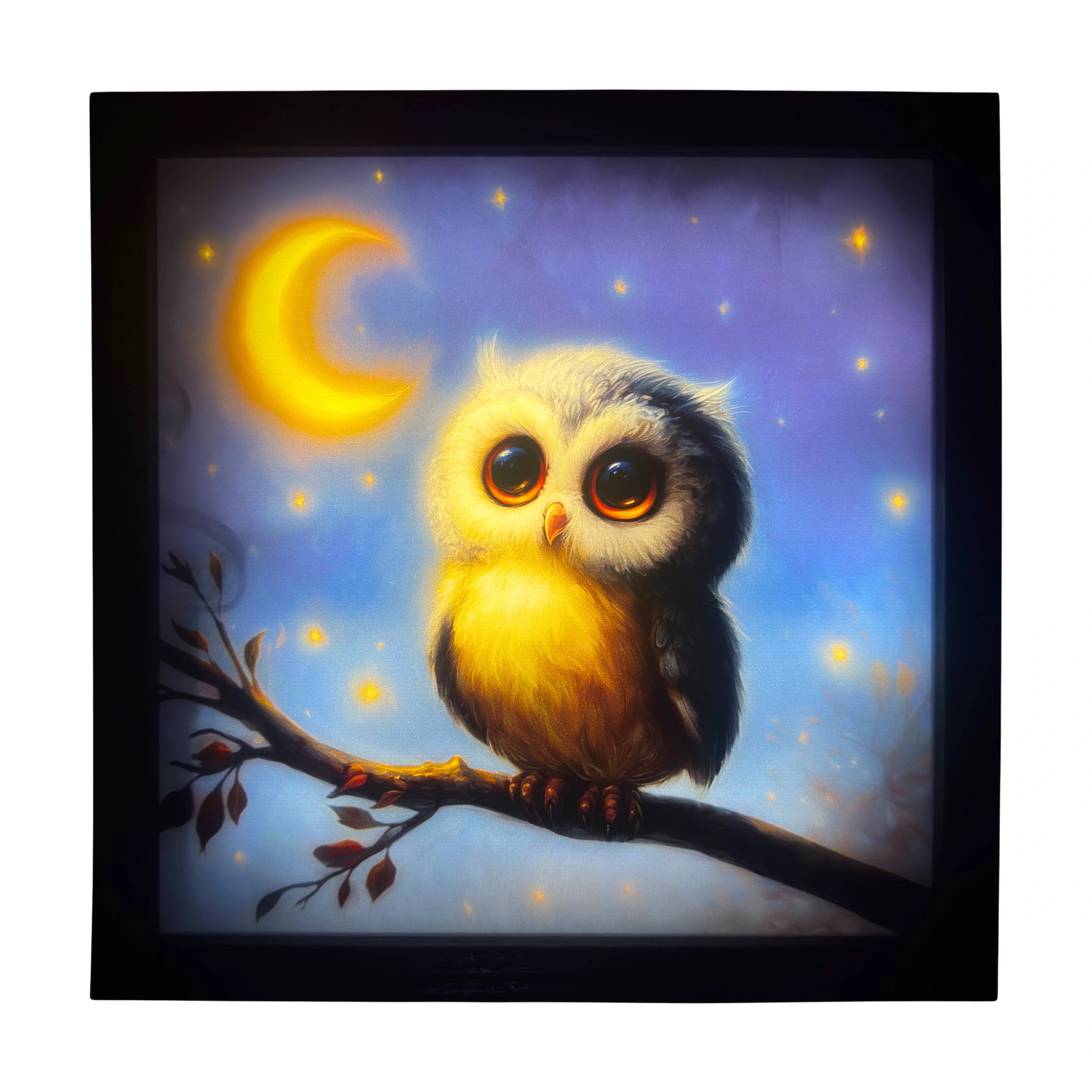 Baby owl LED light up wall art glowing beneath the moon with brown eyes shining softly. A magical glowing companion for nursery enchantment.