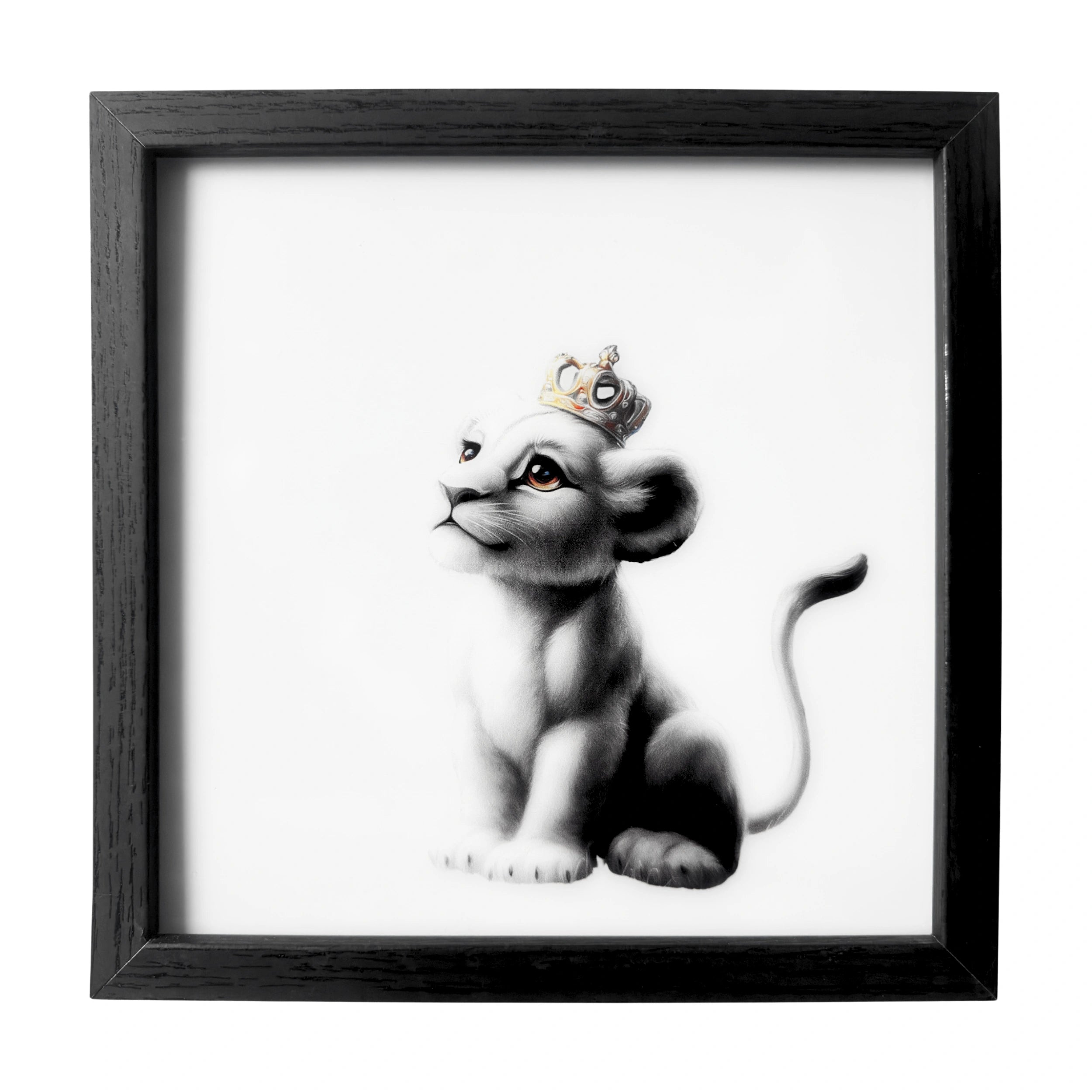 Minimalist baby lion wall art with blue eyes and a golden crown. A framed gentle nursery companion.