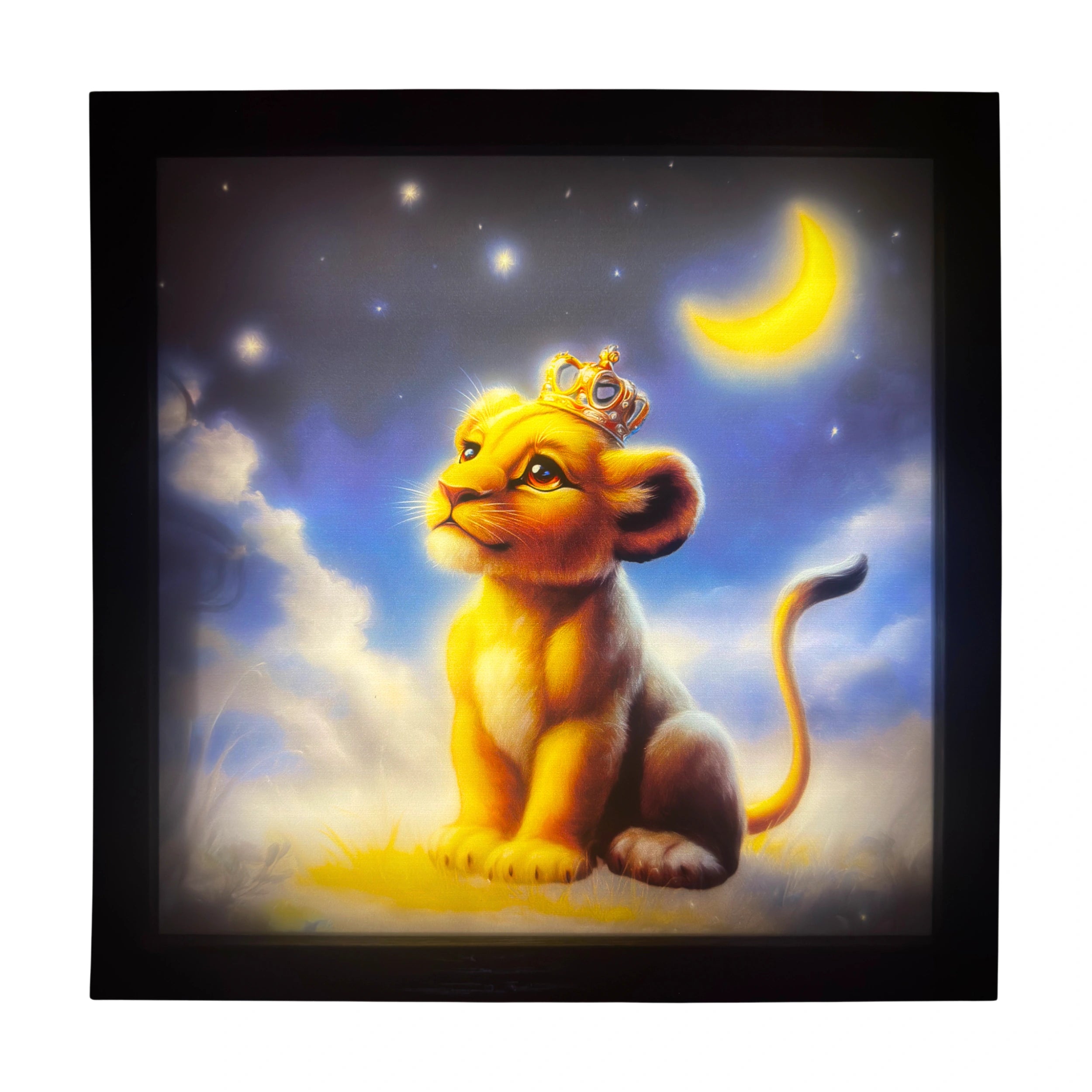 Baby lion LED light up wall art glowing beneath the moon — golden crown and blue eyes shining softly. A magical glowing companion for nursery enchantment.